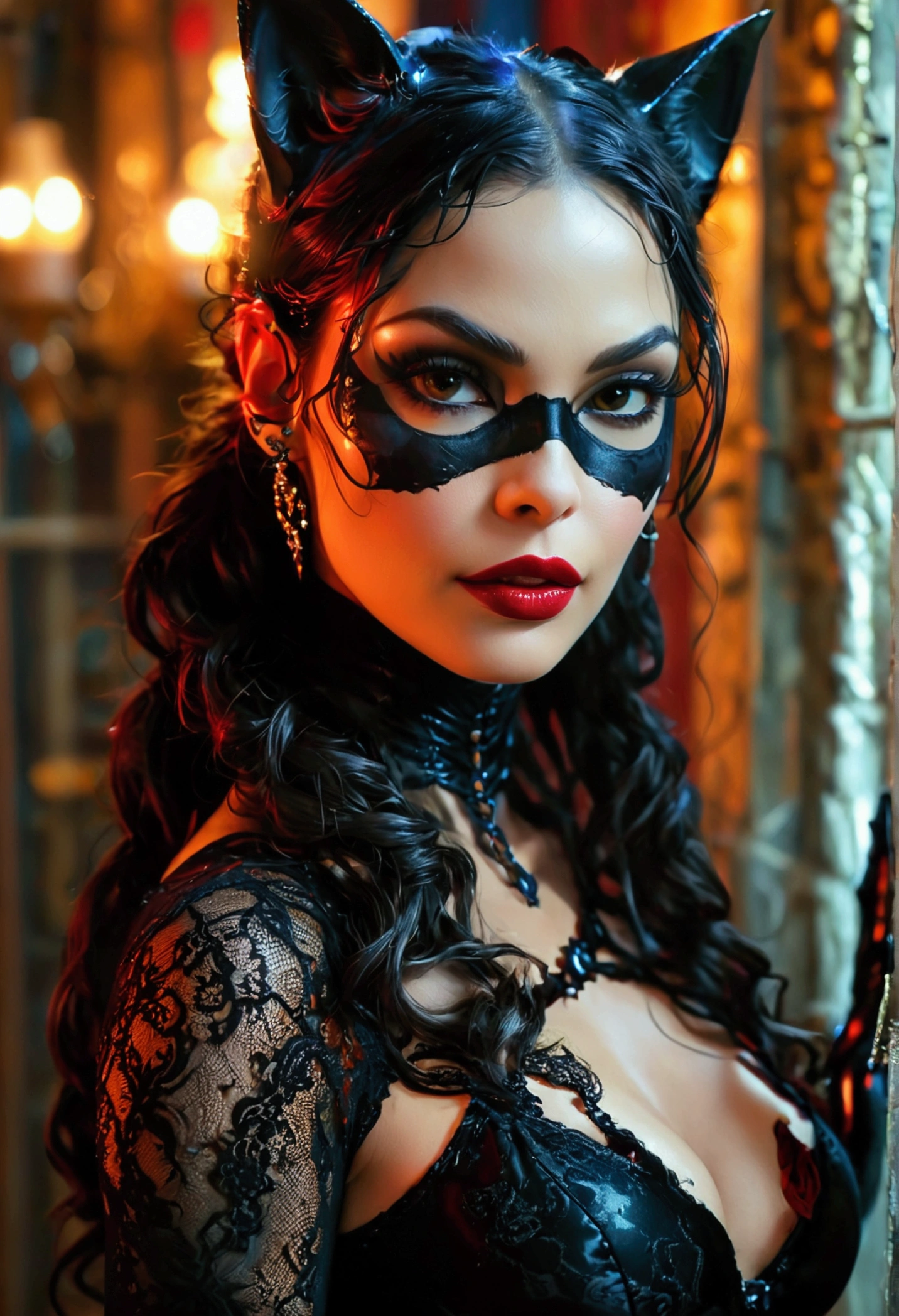 Full body shot Carolyn Jones catwoman, ringlets wavy five feet long black hair, updo hairstyle with ponytail on one side and long hairpins holding the bun long braid, strong thighs, dark red glossy lips, heavy black eye shadow long black eyeliner, long sharp claws, black lace beautiful and creative catwoman bodysuit with no jewels, huge cleavage, clear ears no earrings, no earrings, no earrings, no earrings, no jewels, beautiful forehead lace ornament, posing in a feminine catwoman den, happy expression, dark ambience night time candle lights. No faces on her chest!