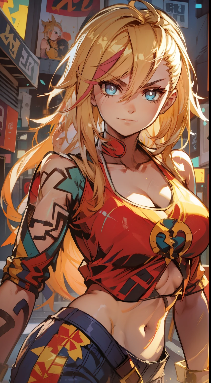 young girl, longue blonde hair, Hairpin with a bundle, turquoise eyes, Yakuza tattoos, red tight uniform, Sleeveless, Wide neckline on the chest to the abdomen, Gold Elements, Red gold armor, Shorts, claws, smirk, Masterpiece, hiquality, 4k, HD, Good detail