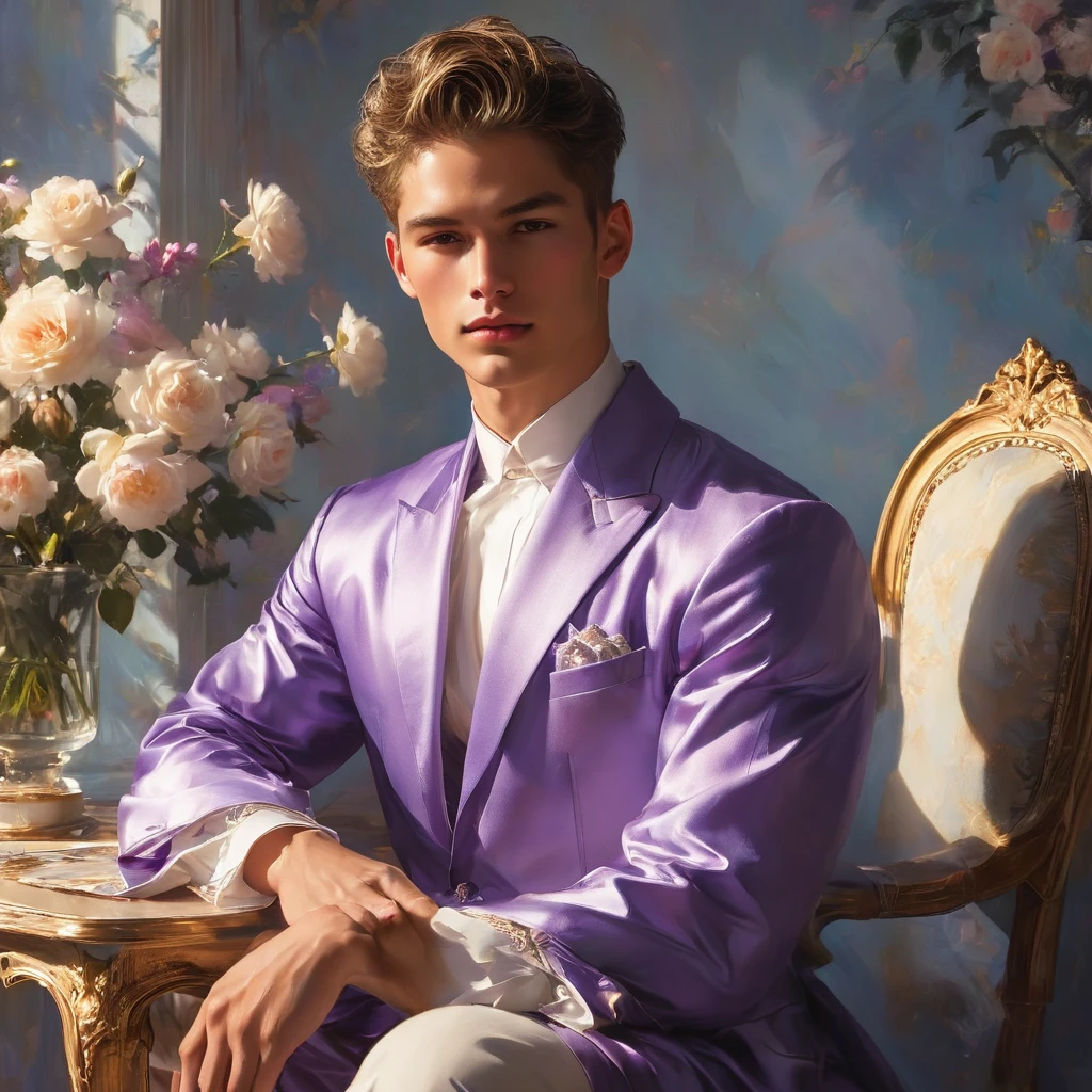 Candid image shot of mixed Asian and Latino male supermodel, 24 year old, an attractive and charming, masculine appearance, slender, short platinum blonde hair, masculine appearance with slender physique, small pectorals, symmetric face, natural olive skin tone exudes youthfulness and athleticism, photogenic, Position him against an ornate dark purple background featuring a framed of white and purple rose floral painting to add depth and richness to the scene, (wears an open luxurious purple robe with silver patterned), His expression is serene and slightly introspective, with a soft confident gaze directed slightly off-camera, Utilize natural soft lighting streaming in from a window, casting gentle highlights and shadows that accentuate the contours of his face and the texture of his robe, The light creates a warm intimate atmosphere with a golden tone that enhances his skin and the robe, The interplay of light and shadow adds depth and dimension to the scene, slightly blurred focus background, bringing him into sharp clear detail while the rich tones of the background enhance the overall opulence of the image. Capture (full-body short), dynamic angle, using a Canon EOS R7 and Sigma AF 85mm F1.4 EX DG HSM lens by Thomas Synnamon, Employ a shallow depth of field to focus closely on his face and body while softly blurring the background, Draw inspiration from high-fashion photographer, emphasize detail, texture and a sophisticated luxurious atmosphere, Emphasize the golden warm lighting and its effect on enhancing his features and the robe's rich textures, creating a visually captivating and elegant portrait that exudes warmth and sophistication, The overall mood blend the classical elegance of the modern, high-fashion aesthetic, producing an image that feels both timeless and contemporary, raw photo, masterpiece, best quality, Correct body structure, Correct photo distance, Lucifer Rose,