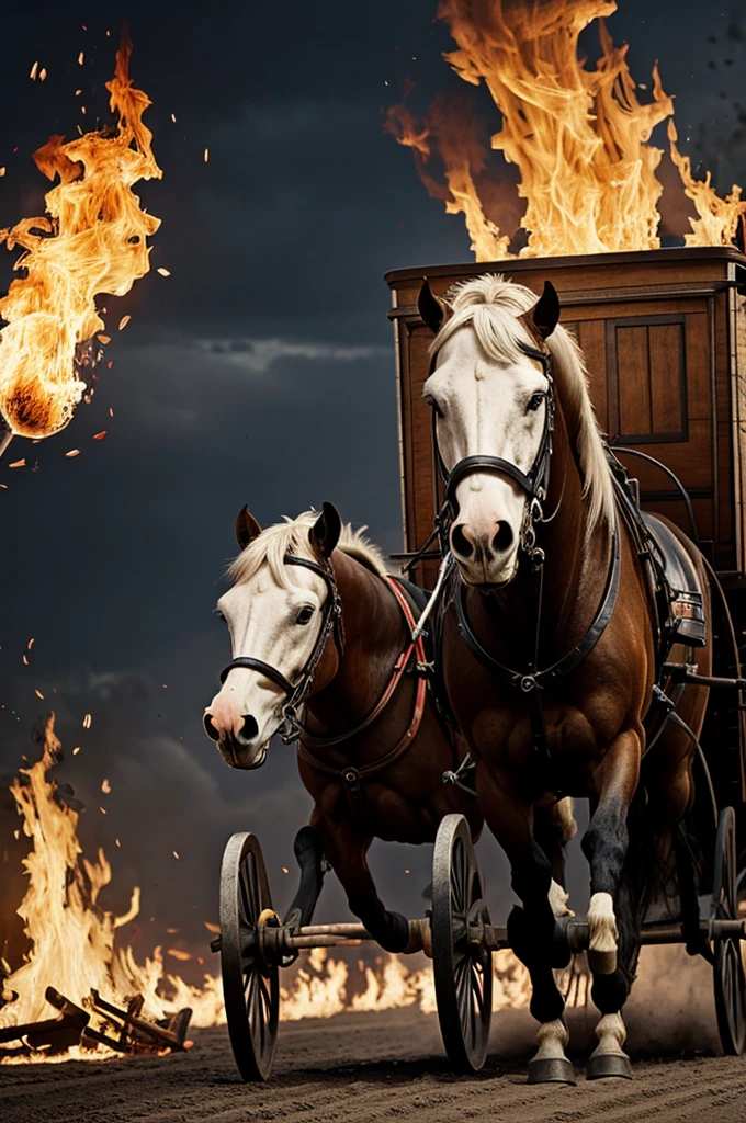 Make me a picture of a skull with a horse-drawn cart with its eyes on fire.