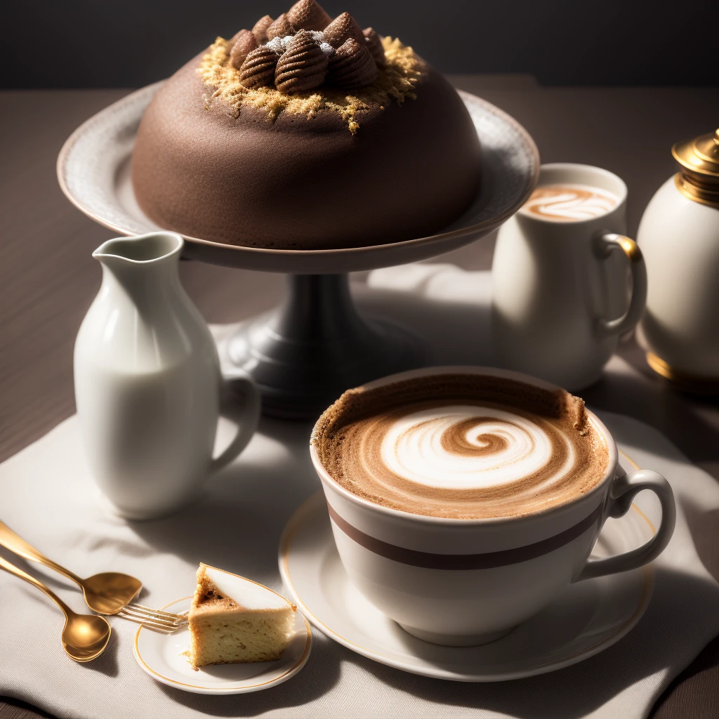 zoom on a cup of café latte, with a beautiful latte art, with the jug of milk on top of the golden cup, a cake next to the cup, on a beautiful tablecloth