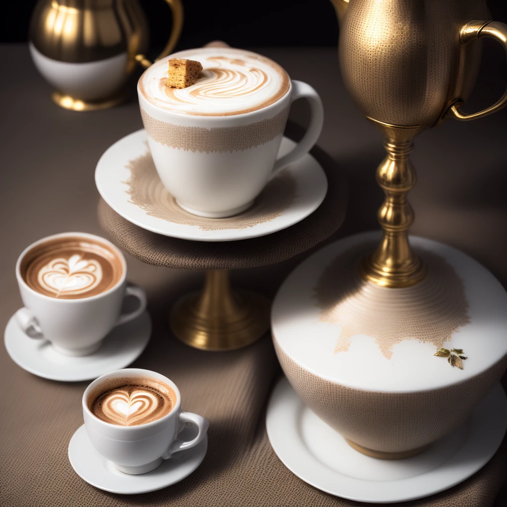 zoom on a cup of café latte, with a beautiful latte art, with the jug of milk on top of the golden cup, a cake next to the cup, on a beautiful tablecloth