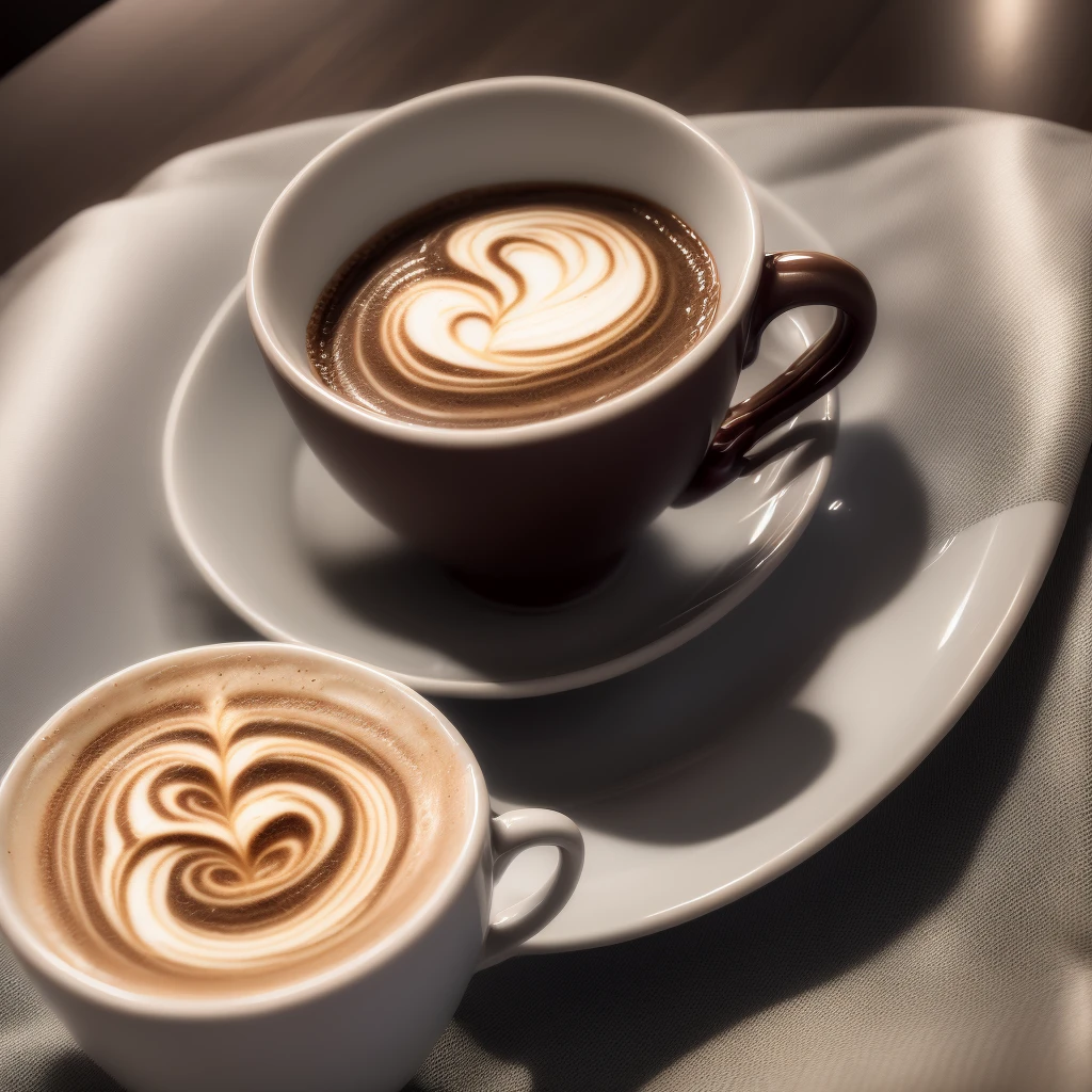 zoom on a cup of café latte, with a beautiful latte art, with the jug of milk on top of the golden cup, a cake next to the cup, on a beautiful tablecloth