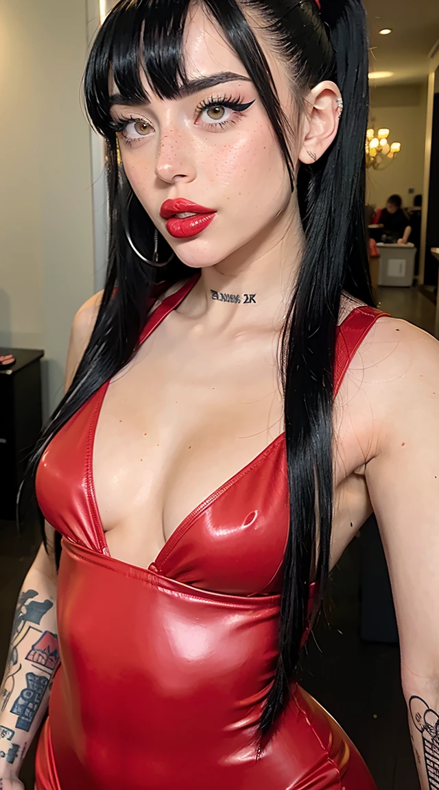 a close up of (1girl, solo) in a red dress with tattoos on her chest, (tipo de cuerpo pequeño:1.1), (petite body), multiple angles, black long hair, ponytail, bangs, red lips, glossy lips, big eyelashes, wide hips,small breasts, perky breasts, black dress, sporty dress, light makeup