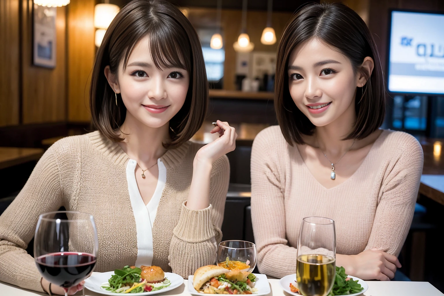((Highest quality、8K、masterpiece:1.3))、cute、slimカップル、modelカップル、actress男優、(Realistic, Intricate details:1.2), full-course dinner、Wine Party、Amazing view of the sunset sky and clouds、A bright smile、short hair,Bright Face、 (Age 44), Age 42, red wine 、Appetizers、Italian food、Wine bottle、Champagne、sparkling wine、Two beauties、Brown Hair、Shortcuts、Long sleeve shirt、dress、Beautiful woman 1, (slimな顔), (The body is slim), (Brown Hair), (Shortcuts), cheeks turn a little red,Attractive beauty、restaurant, In a prominent place (From the waist up) Nova Frog Style, actress, model, Upper Body, White wine, slim, wine glass, 中央に置かれたwine glass, smile, (smile: 1.15), Beautiful fine grain, Depth f/2,saturation, High Contrast, Strong light and shadow,Moist Body:1.5、3D texture、Delicate eyes、Brown Hair、The hair is very shiny、