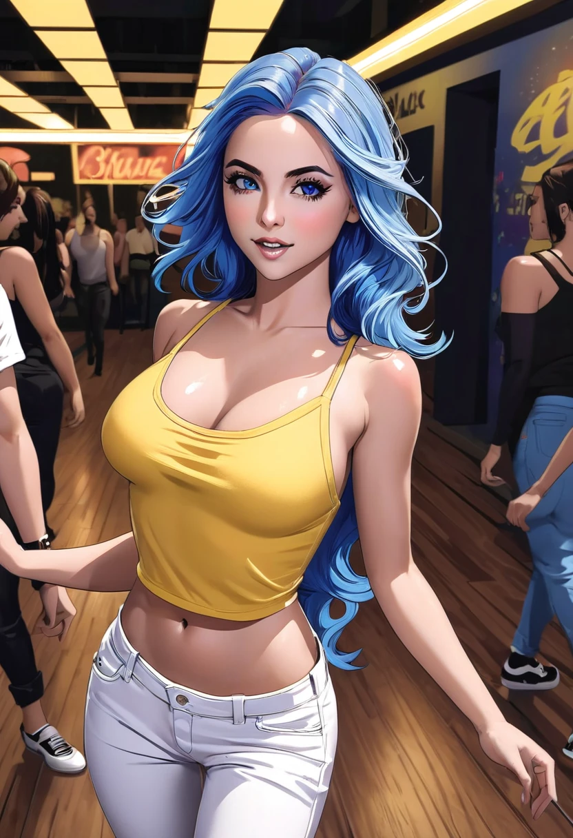 Woman, blue colored eyes, light eye tone blue hair, hair color tone too light, very long hair length, wavy hair style, middle parted hair hairstyle. wearing top, yellow top color, spaghetti strap sleeveless top style, Jeas pants, white pants color. Woman dançando, local nigth club, dark place, people dancing around, People having fun.