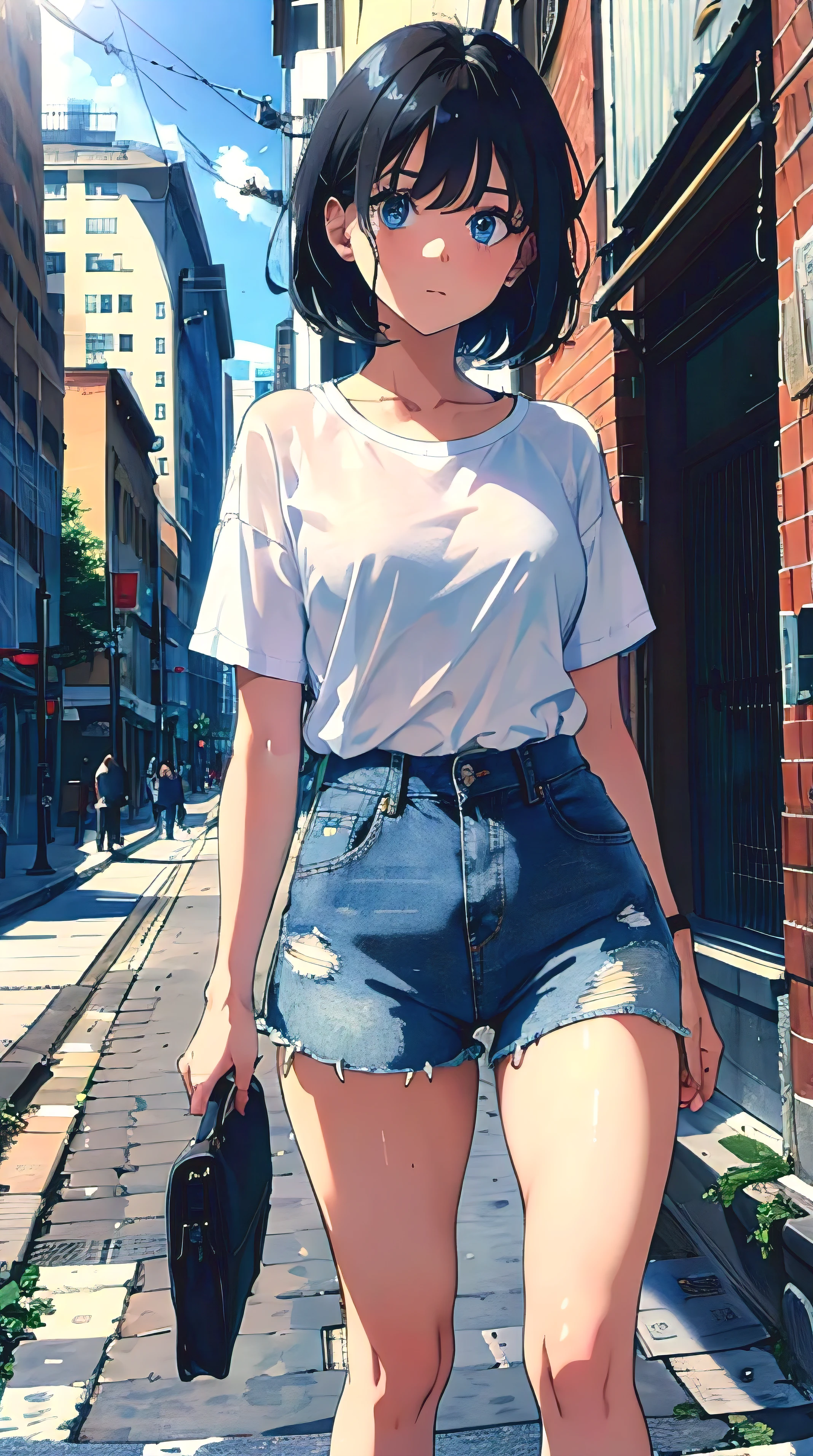 1girl, short black hair, blue eyes, wearing plain white shirt, denim shorts, city, absurdres, high res, ultrasharp, 8K, masterpiece, looking at viewer