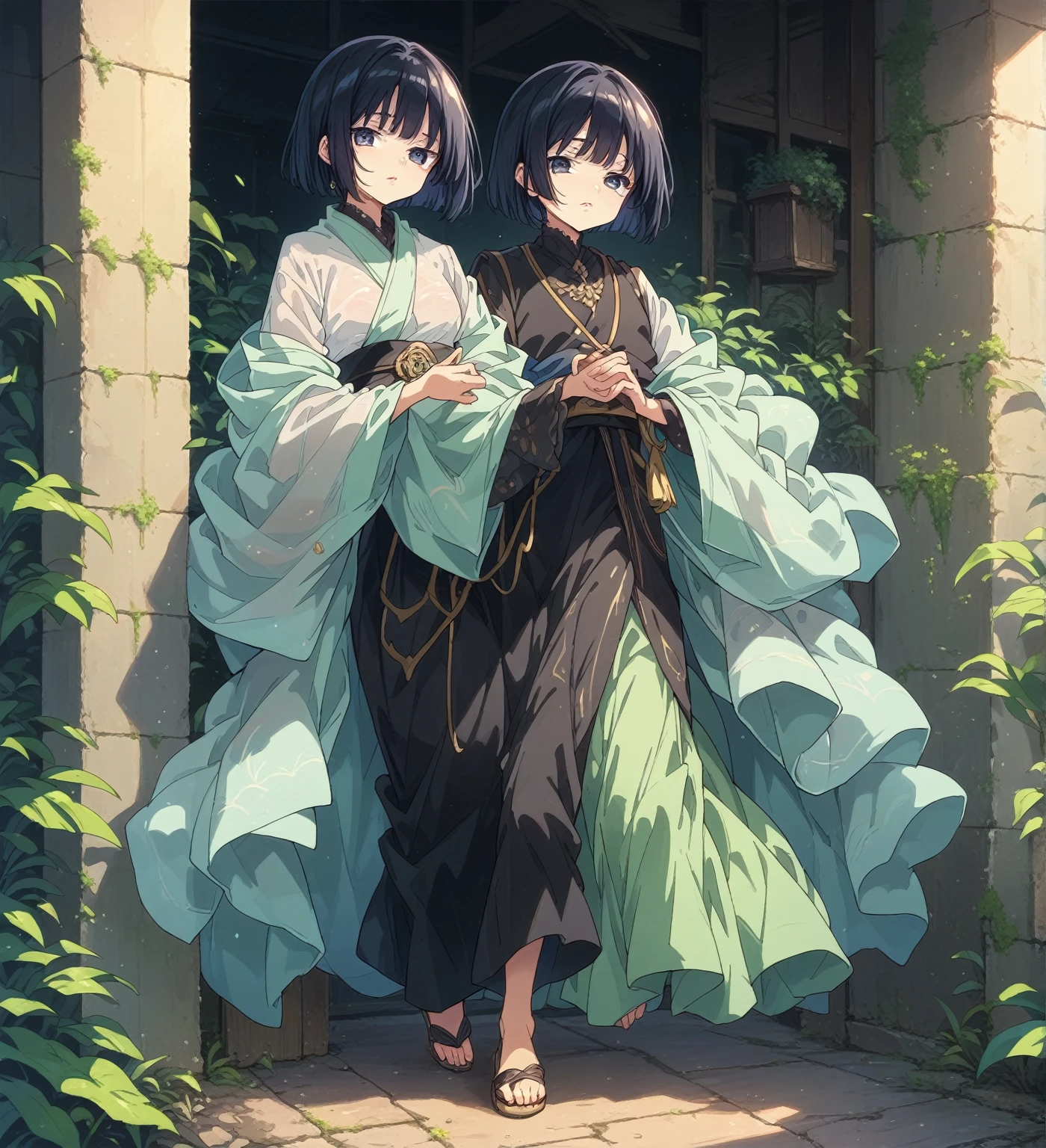 Black hair, short cut, princess cut, eye shadow, lipstick(黒い肌:1.8)
Osiris robe, see-through shawl, sandals