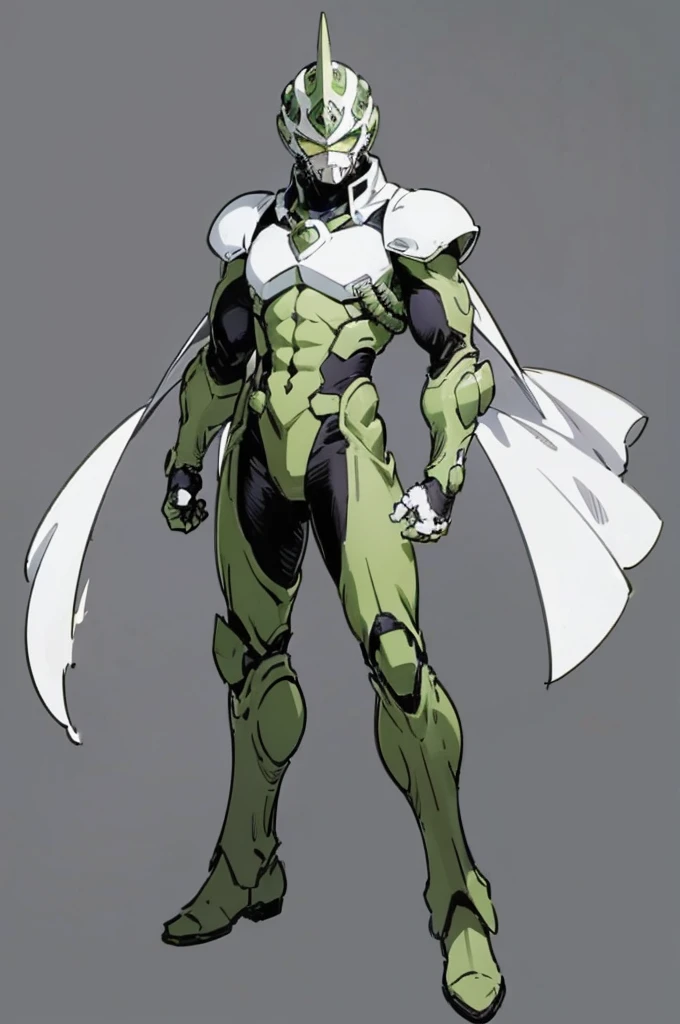 (My Hero Academia Style), (Full body photo:1.5),((full bodyesbian)), (Simple background), ((High resolution)), (simple background), (white backgrounid:1.3), 1man, A man wearing a full-face helmet mask that covers most of his face, (((armored and silvered guatelente))), (((a bright green spot on his chest))), anime boy, male, young male, trending on artstation pixiv, (full body shot:0.5), head covering, adorned in a biomimetic armor, helmet, face covering, mask, hero suit, full body suit, green suit, Perfect anatomy, Super Detailed, (((red boots))).