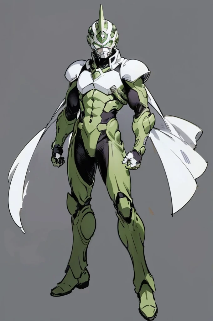 (My Hero Academia Style), (Full body photo:1.5),((full bodyesbian)), (Simple background), ((High resolution)), (simple background), (white backgrounid:1.3), 1man, A man wearing a full-face helmet mask that covers most of his face, (((armored and silvered guatelente))), (((a bright green spot on his chest))), anime boy, male, young male, trending on artstation pixiv, (full body shot:0.5), head covering, adorned in a biomimetic armor, helmet, face covering, mask, hero suit, full body suit, green suit, Perfect anatomy, Super Detailed, (((red boots))).