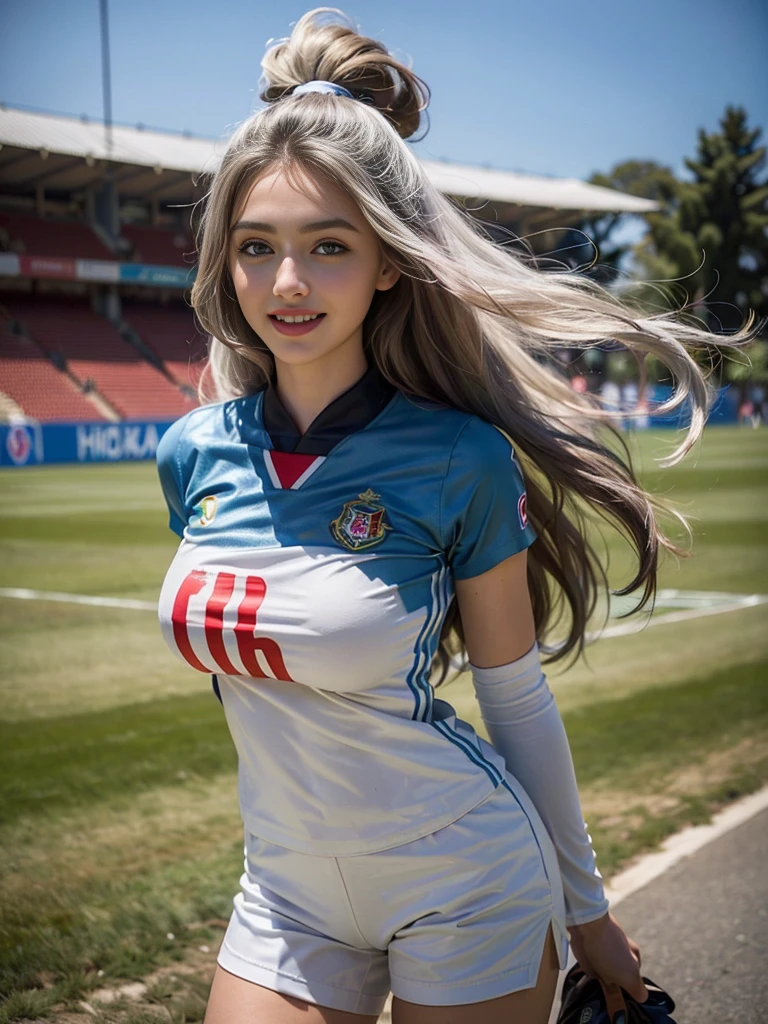 (A photo of a super beautiful white-haired Russian female soccer player standing:1.2)(Sexiest Arab Women)(Grinning,A big smile:1.2)(16K, RAW Photos, Highest quality, masterpiece: 1.2),(Her shiny, wavy long hair is blown wildly by the wind:1.1) Super detailed, Super Resolution, (Genuine, Genuine photos: 1.37), Portraiture, High-resolution RAW color photos, Professional photos, Very detailed, 8k wallpaper, Very detailed CG Unity 8k wallpaper, Very detailed beautiful girl, Very detailed faces,(A windy soccer field in Lebanon:1.2)(Tight Lebanese national soccer uniform:1.2)(whole body)(Skinny but big boobs:1.1)(Cute tight soccer player costume:1.2)light gray eyes,from side,High socks that go above the knee