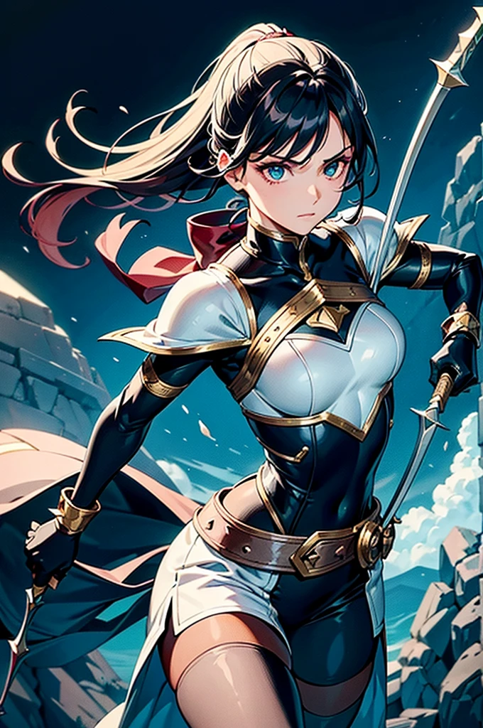 Skilled archer in a medieval fantasy world. She is 170 cm tall, an agile and slender physique, with toned muscles. Her black hair falls in soft waves down to her shoulders and is often tied into a high ponytail during travel.. Your eyes are deep green, bright and expressive, conveying determination and vigilance. Your face is delicate and sculpted, with a defined jawline and slightly rounded cheekbones, giving it a strong and gentle appearance. Elara wears light armor made from dragon scales., composed of a chest and back plate, armbands and shin guards that guarantee mobility and resistance, a lightweight helmet that mainly covers the top of the head, gloves and boots equipped with dragon claw tips. She carries a bow and a quiver full of arrows, many with spikes made from dragon scales, and a small dagger for hand-to-hand combat.