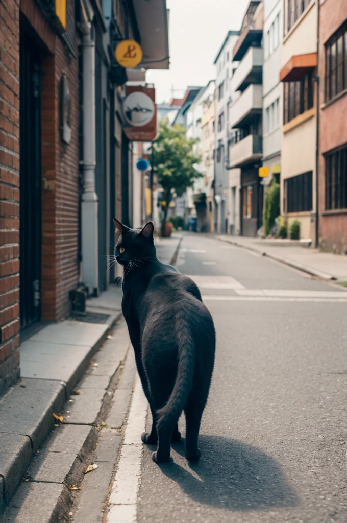 A cat standing facing forward in the street