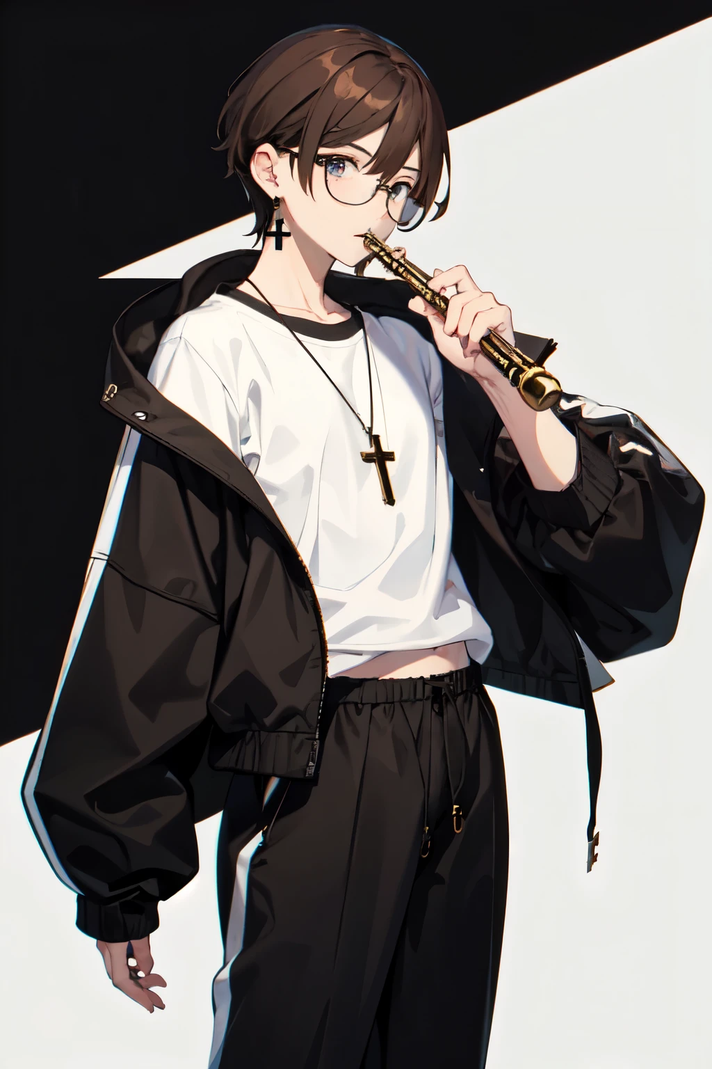 Anime man with brown hair and eyes, White skin,with a cross dangle earring, with round black frame glasses, with a white shirt and a black sweatshirt, playing a large transverse flute 