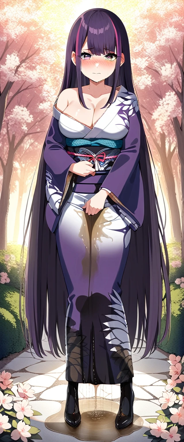 (masterpiece:1.37), best quality, (extremely detailed:1.37), (1girl:1.5), woman, (mature:1.5), (adult:1.5), large breasts, very long hair, (straight hair:1.5), (very dark purple hair:1.5), purple eyes, (extremely detailed eyes:1.37), (furisode:2.0), desperation, (wetting self:2.0), standing, embarrassed, humiliation, blushing, angry, cherry blossoms, garden, (golden hour:1.5), full body