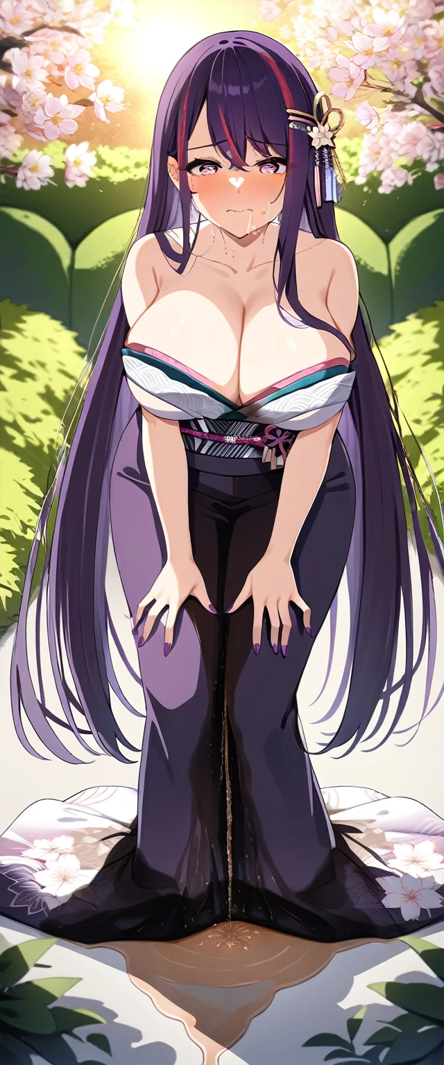 (masterpiece:1.37), best quality, (extremely detailed:1.37), (1girl:1.5), woman, (mature:1.5), (adult:1.5), large breasts, very long hair, (straight hair:1.5), (very dark purple hair:1.5), purple eyes, (extremely detailed eyes:1.37), (furisode:2.0), desperation, (wetting self:2.0), standing, embarrassed, humiliation, blushing, angry, cherry blossoms, garden, (golden hour:1.5), full body