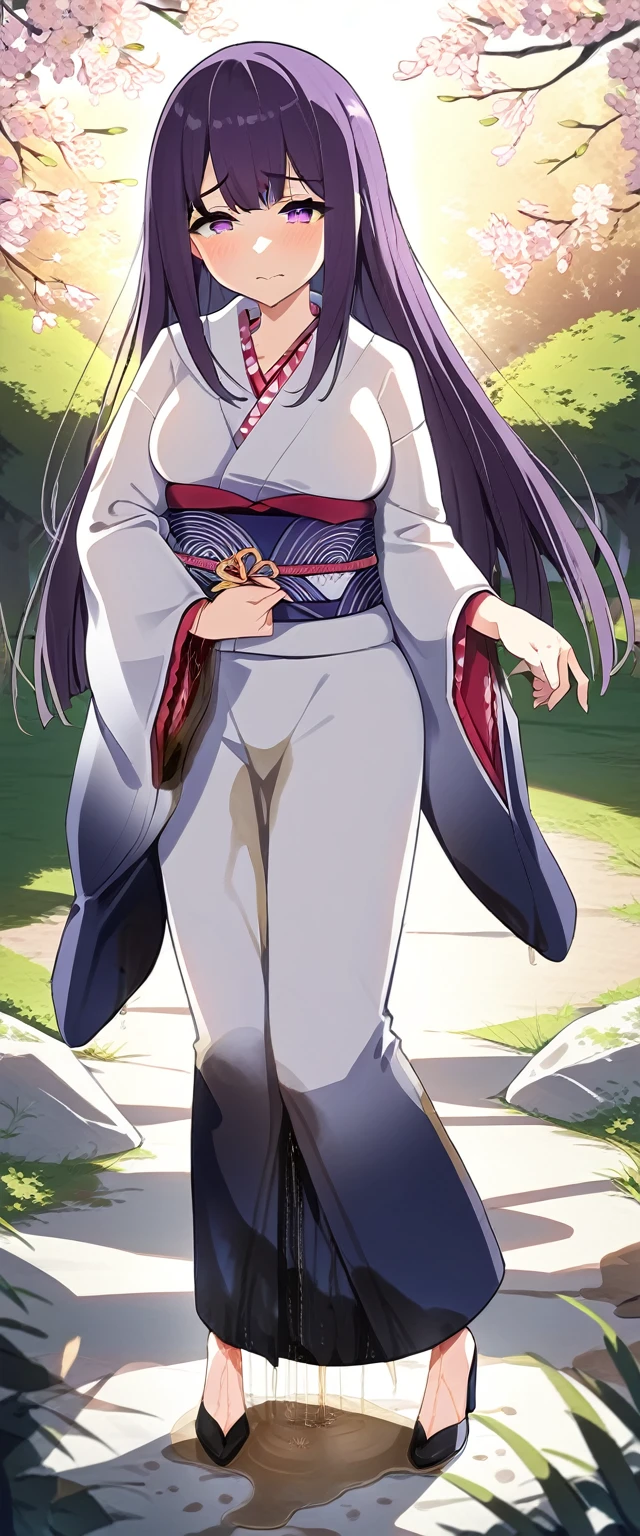 (masterpiece:1.37), best quality, (extremely detailed:1.37), (1girl:1.5), woman, (mature:1.5), (adult:1.5), large breasts, very long hair, (straight hair:1.5), (very dark purple hair:1.5), purple eyes, (extremely detailed eyes:1.37), (furisode:2.0), desperation, (wetting self:2.0), standing, embarrassed, humiliation, blushing, angry, cherry blossoms, garden, (golden hour:1.5), full body