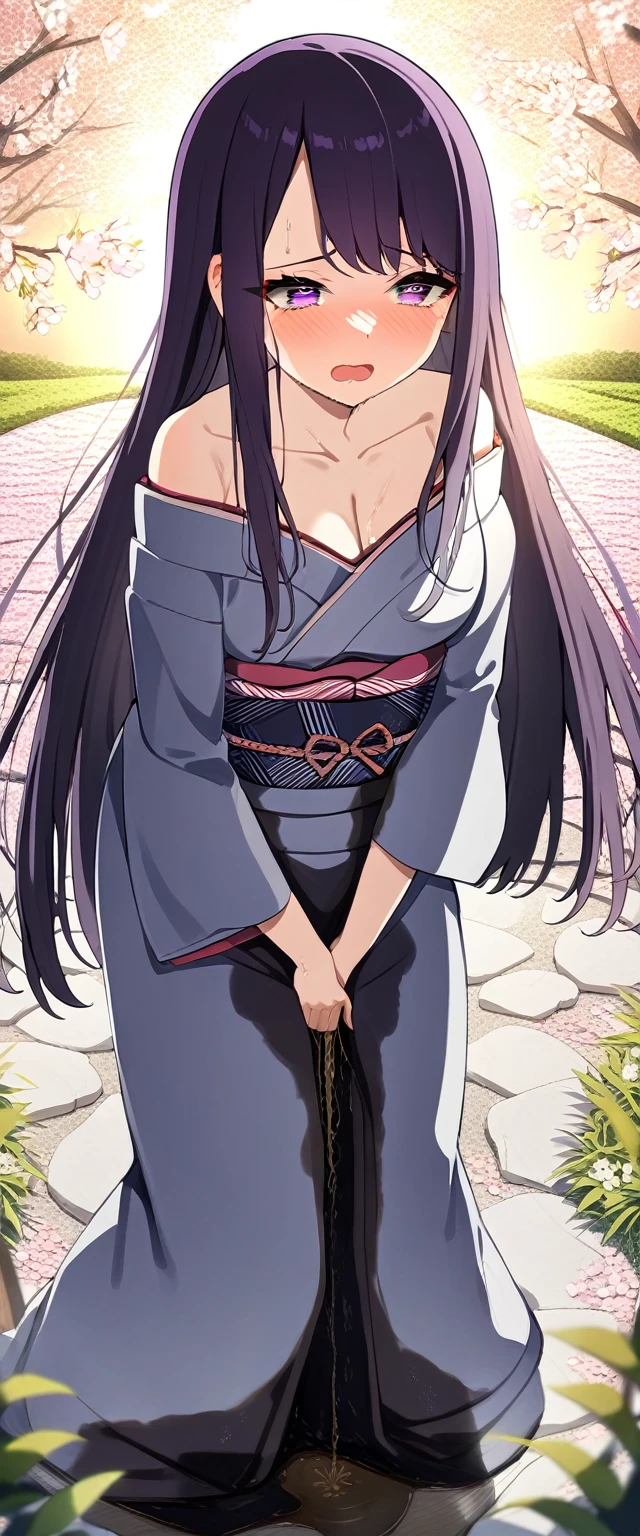 (masterpiece:1.37), best quality, (extremely detailed:1.37), (1girl:1.5), woman, (mature:1.5), (adult:1.5), large breasts, very long hair, (straight hair:1.5), (very dark purple hair:1.5), purple eyes, (extremely detailed eyes:1.37), (furisode:2.0), desperation, (wetting self:2.0), standing, embarrassed, humiliation, blushing, angry, cherry blossoms, garden, (golden hour:1.5), full body