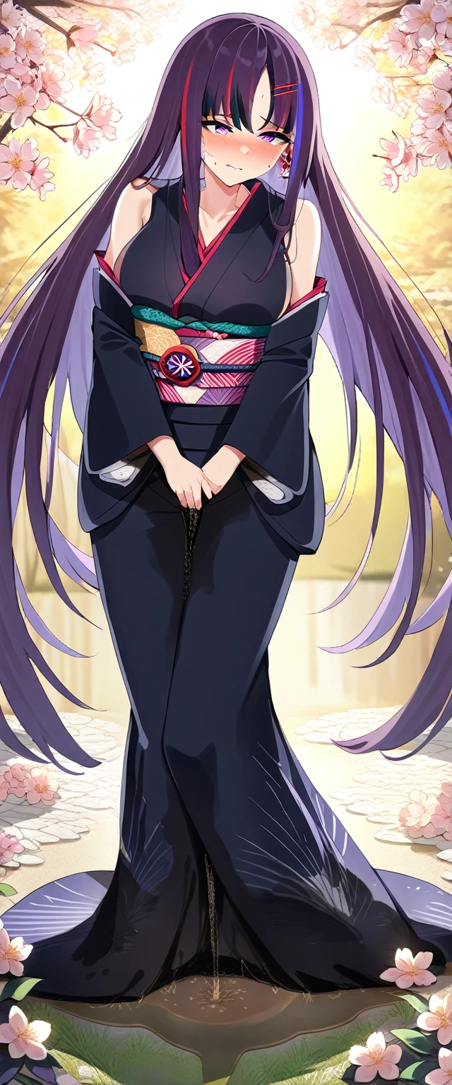 (masterpiece:1.37), best quality, (extremely detailed:1.37), (1girl:1.5), woman, (mature:1.5), (adult:1.5), large breasts, very long hair, (straight hair:1.5), (very dark purple hair:1.5), purple eyes, (extremely detailed eyes:1.37), (furisode:2.0), desperation, (wetting self:2.0), standing, embarrassed, humiliation, blushing, angry, cherry blossoms, garden, (golden hour:1.5), full body