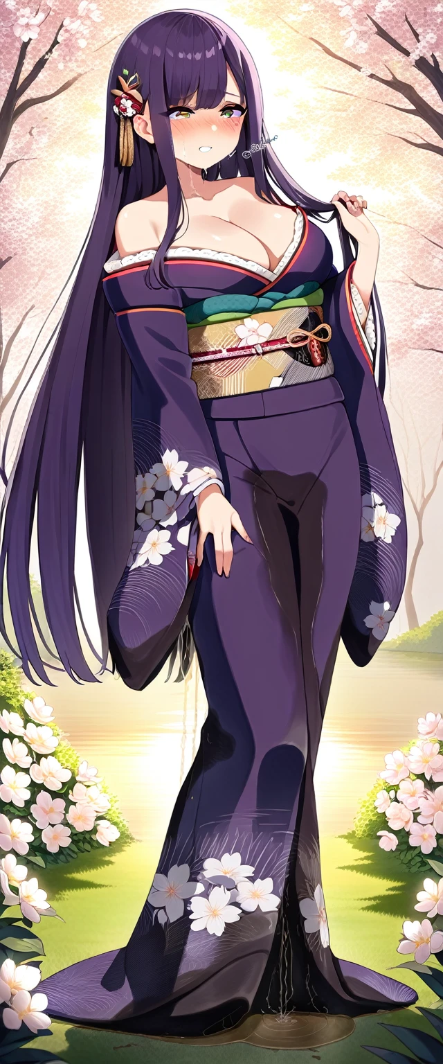 (masterpiece:1.37), best quality, (extremely detailed:1.37), (1girl:1.5), woman, (mature:1.5), (adult:1.5), large breasts, very long hair, (straight hair:1.5), (very dark purple hair:1.5), purple eyes, (extremely detailed eyes:1.37), (furisode:2.0), desperation, (wetting self:2.0), standing, embarrassed, humiliation, blushing, angry, cherry blossoms, garden, (golden hour:1.5), full body