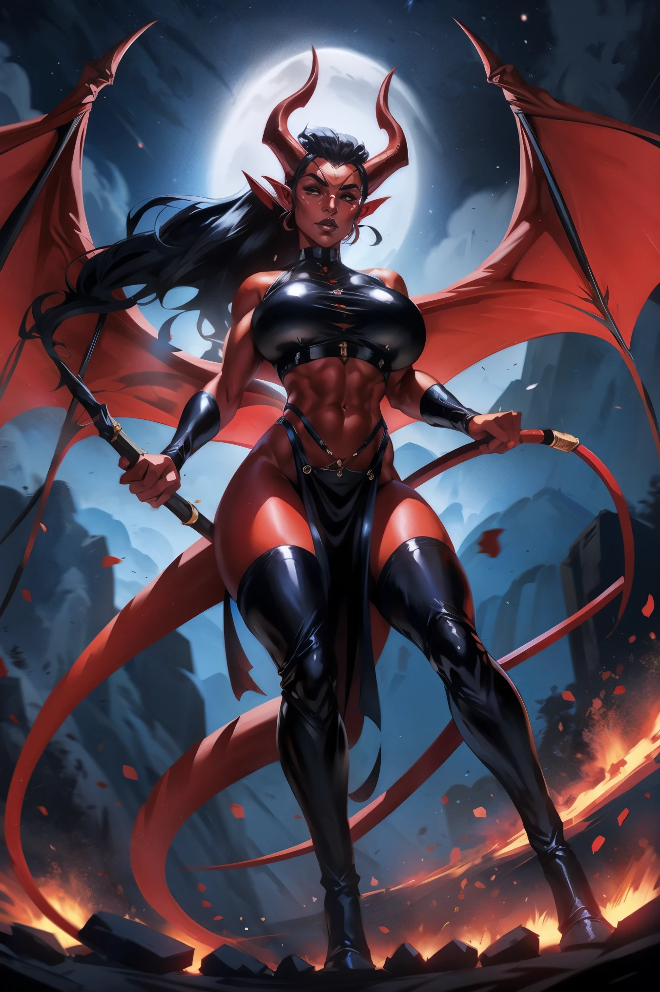 Red skin succubus tiefling, digitigrade legs, full breasts, medium breasts, black horns, wings, huge tail, black leather, crop top, long flowing pelvic curtain, tall, toned, graceful, thin, long black ponytail. Action scene, whip. Dark scene, explosions, night sky.