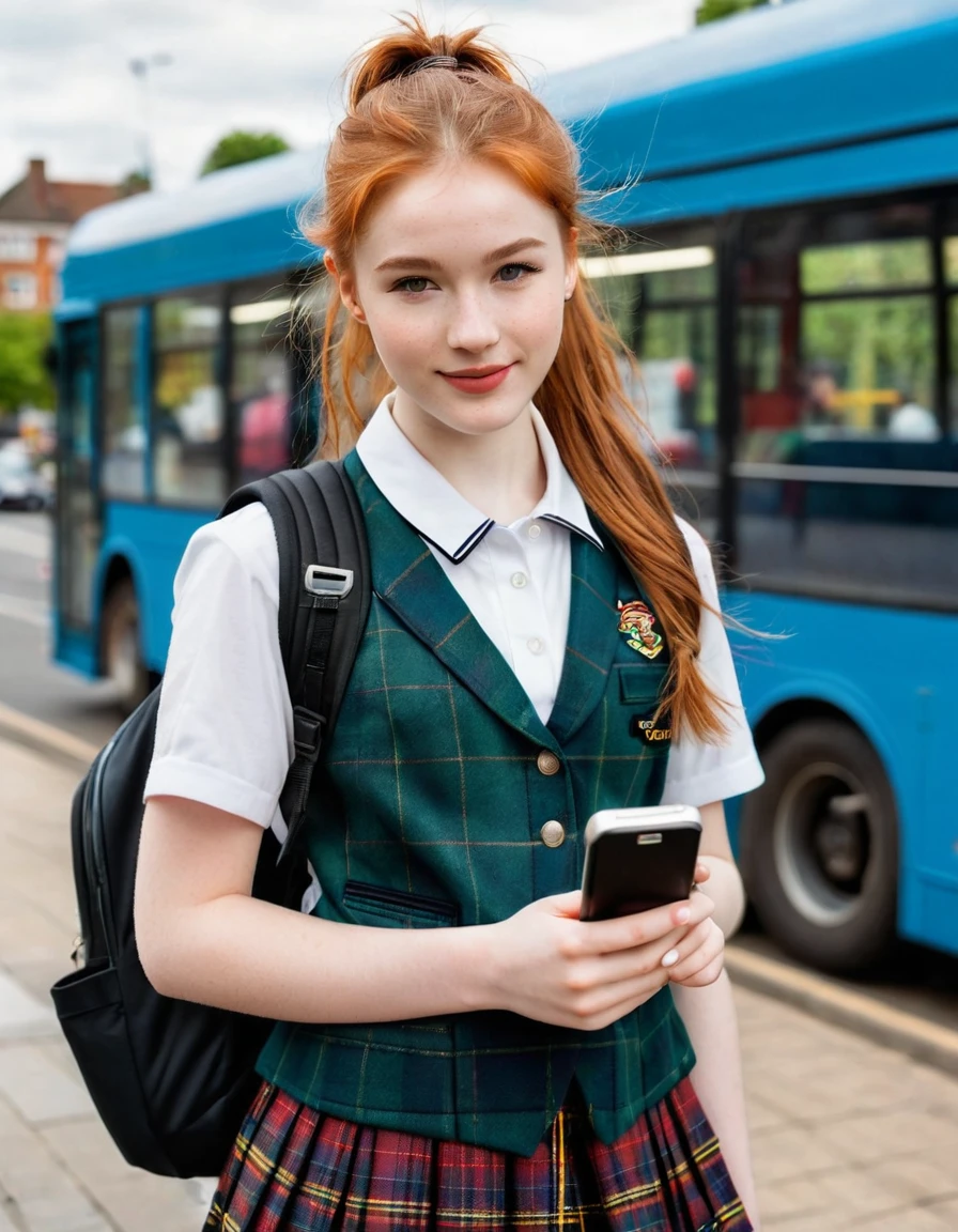 photography full body portrait of very beautiful realistic girl, 18-years-old, holding a smartphone, standing in front of a bus stop, carrying backpack, wear fancy uniform with royal Stewart tartan vest, porcelain skin, very fair skin, very pale skin, redhead, wavy, ponytail, detail skin texture, hazel eyes, slanted eyes, small nose, small nostril, think curved eyebrow, thick bottom lip, seductive gaze, happy face, unique face, detail photo, realistic photo, master piece picture, sharp picture, outdoor clear daylight