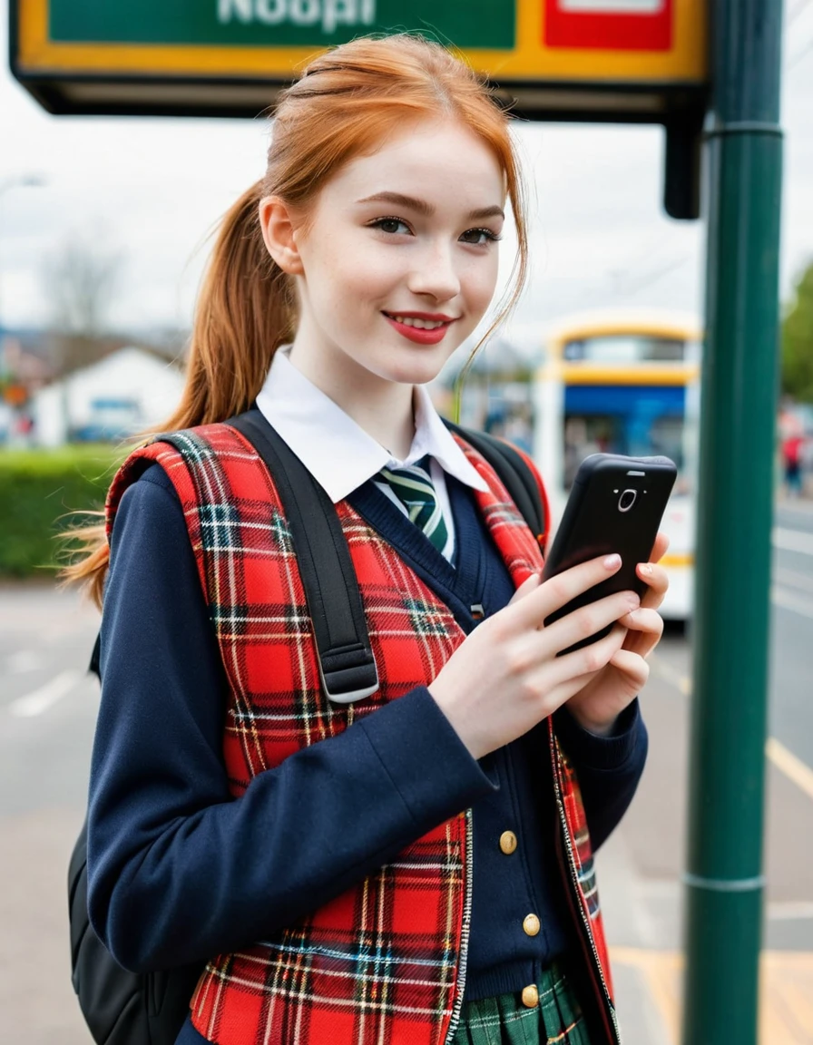 photography full body portrait of very beautiful realistic girl, 18-years-old, holding a smartphone, standing in front of a bus stop, carrying backpack, wear fancy uniform with royal Stewart tartan vest, porcelain skin, very fair skin, very pale skin, redhead, wavy, ponytail, detail skin texture, hazel eyes, slanted eyes, small nose, small nostril, think curved eyebrow, thick bottom lip, seductive gaze, happy face, unique face, detail photo, realistic photo, master piece picture, sharp picture, outdoor clear daylight 