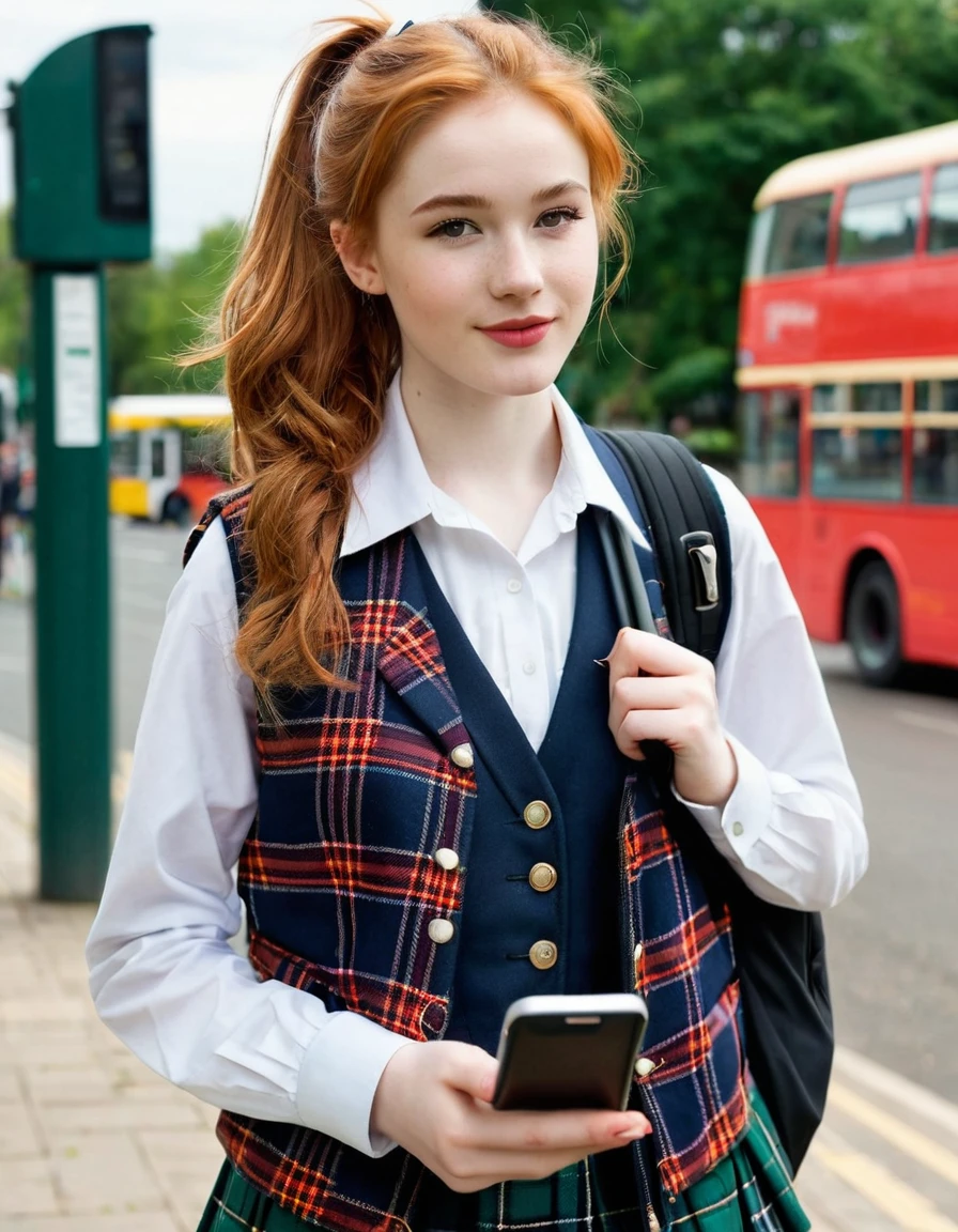 photography full body portrait of very beautiful realistic girl, 18-years-old, holding a smartphone, standing in front of a bus stop, carrying backpack, wear fancy uniform with royal Stewart tartan vest, porcelain skin, very fair skin, very pale skin, redhead, wavy, ponytail, detail skin texture, hazel eyes, slanted eyes, small nose, small nostril, think curved eyebrow, thick bottom lip, seductive gaze, happy face, unique face, detail photo, realistic photo, master piece picture, sharp picture, outdoor clear daylight 