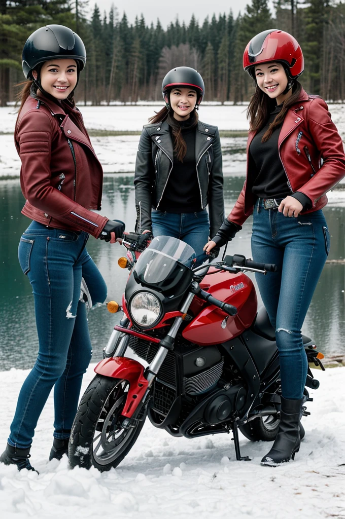 anime picture of three girls riding a motorcycle in the snow, happy!!!, small lake in the background, (2girl), leather jackets, jeans, wearing helmets, red motorcycle, ultrasharp, masterpiece, high res, 8k