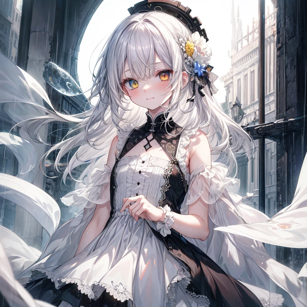 ((Highest quality)), ((masterpiece)), ((detailed)), 1ghost girl, 独奏, pale skin, silver hair, long hair, flat chest, sundress, heterochromia, yellow eye, (sad), sad smile,  rain, wet,