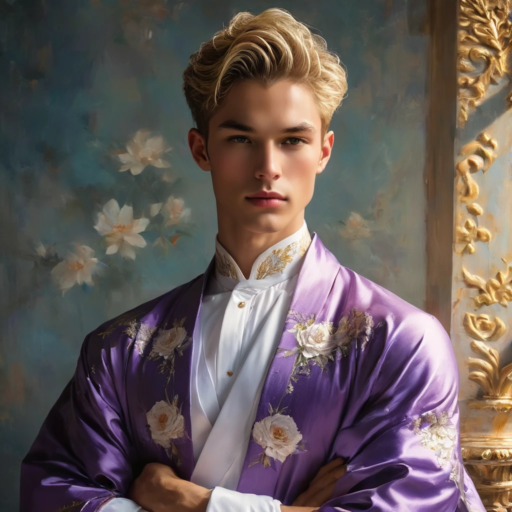 Candid full image of mixed Asian and Latino male supermodel, 24 year old, an attractive and charming, masculine appearance, slender, short platinum blonde hair, masculine appearance with slender physique, small pectorals, symmetric face, natural olive skin tone exudes youthfulness and athleticism, photogenic, Position him against an ornate dark purple background featuring a framed of white and purple rose floral painting to add depth and richness to the scene, (wears an open luxurious purple robe with silver patterned), His expression is serene and slightly introspective, with a soft confident gaze directed slightly off-camera, Utilize natural soft lighting streaming in from a window, casting gentle highlights and shadows that accentuate the contours of his face and the texture of his robe, The light creates a warm intimate atmosphere with a golden tone that enhances his skin and the robe, The interplay of light and shadow adds depth and dimension to the scene, slightly blurred focus background, bringing him into sharp clear detail while the rich tones of the background enhance the overall opulence of the image. Capture (full-body short), dynamic angle, using a Canon EOS R7 and Sigma AF 85mm F1.4 EX DG HSM lens by Thomas Synnamon, Employ a shallow depth of field to focus closely on his face and body while softly blurring the background, Draw inspiration from high-fashion photographer, emphasize detail, texture and a sophisticated luxurious atmosphere, Emphasize the golden warm lighting and its effect on enhancing his features and the robe's rich textures, creating a visually captivating and elegant portrait that exudes warmth and sophistication, The overall mood blend the classical elegance of the modern, high-fashion aesthetic, producing an image that feels both timeless and contemporary, raw photo, masterpiece, best quality, Correct body structure, Correct photo distance, Lucifer Rose,