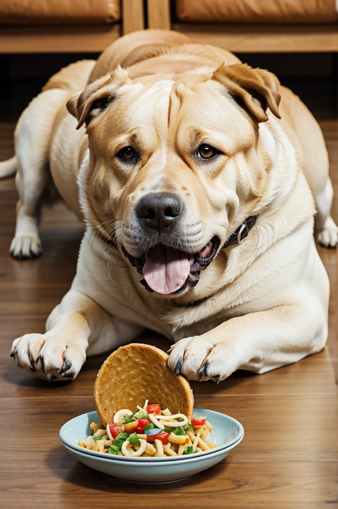 Fat dog eating food