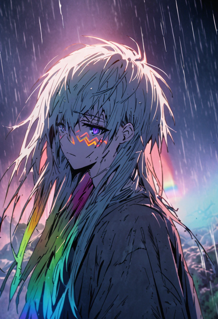 An ethereal sultryseductivedemonic 20 year old anime male druid with metallic long hair, delicate masterpiece intimate delicate etched glowing neon tattoos, anime druid demon male hellscape at night, manga inspired by Masashi Wakui, rainbow color palette, atmospheric fog, decay, worn textures, rain-soaked fantasy village, manga-style illustration --s 150 --ar 1:2 --c 5 Removed From Image