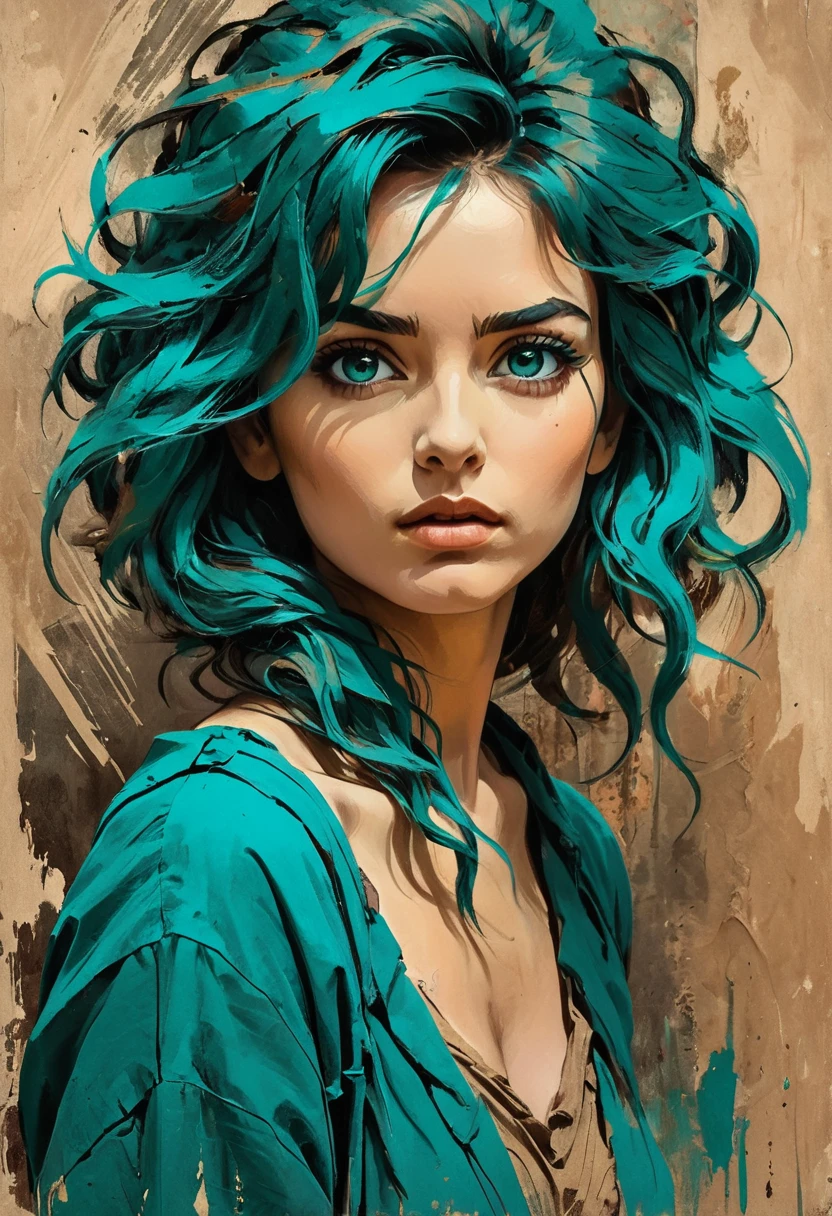 A woman in a situation?, Sketch, color palette from amber to teal, Detailed Features, beautiful, ancient style, high contrast lighting, expressive eyes, messy hair. (Best Quality, high resolution, realist:1.37), ancient, monochrome, intense look, dramatic lighting, rough background, worn paper texture, retro vibes, ID photo, front view, Surrounding women with abstract art clichés., 