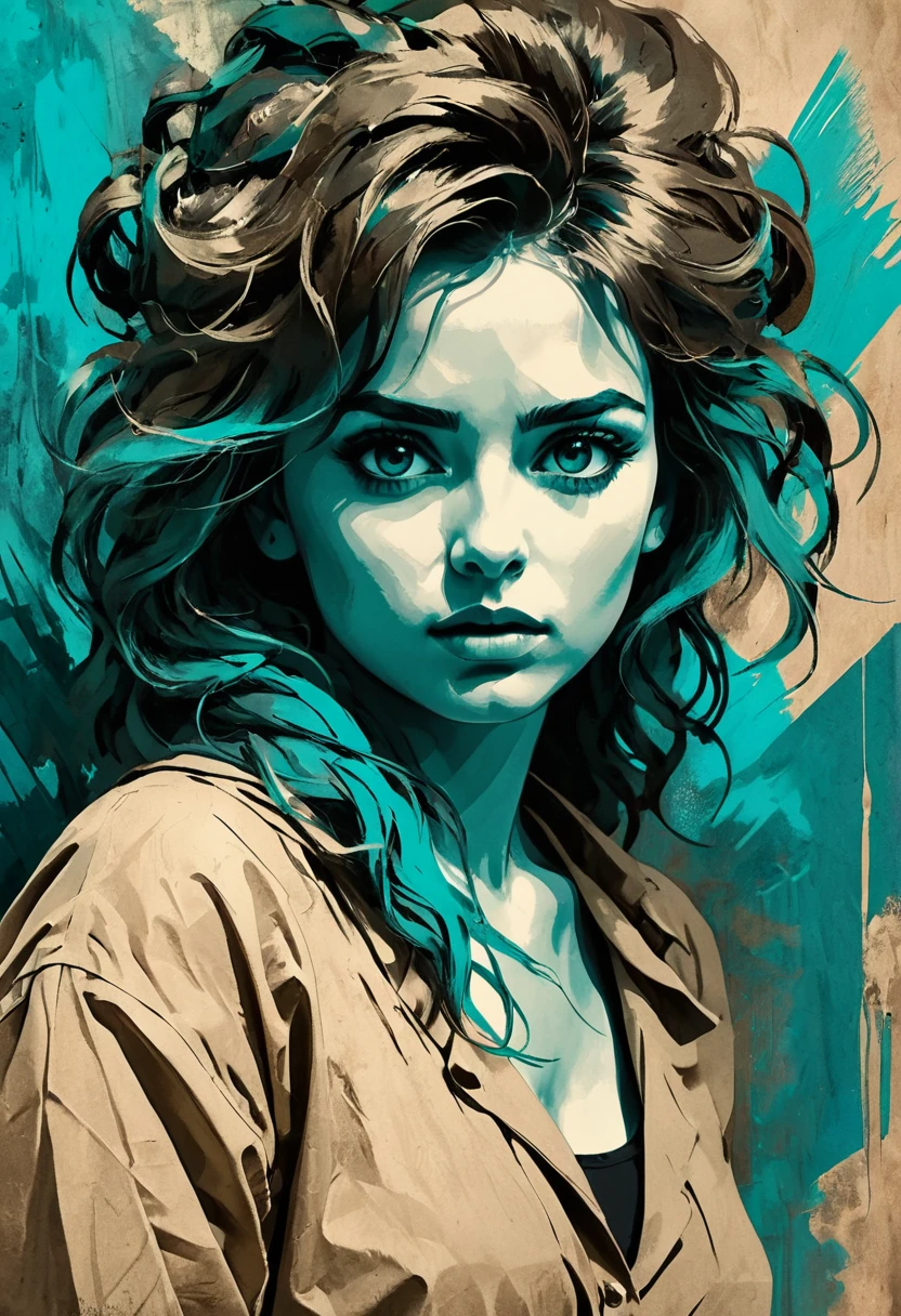 A woman in a situation?, Sketch, color palette from amber to teal, Detailed Features, beautiful, ancient style, high contrast lighting, expressive eyes, messy hair. (Best Quality, high resolution, realist:1.37), ancient, monochrome, intense look, dramatic lighting, rough background, worn paper texture, retro vibes, ID photo, front view, Surrounding women with abstract art clichés., 