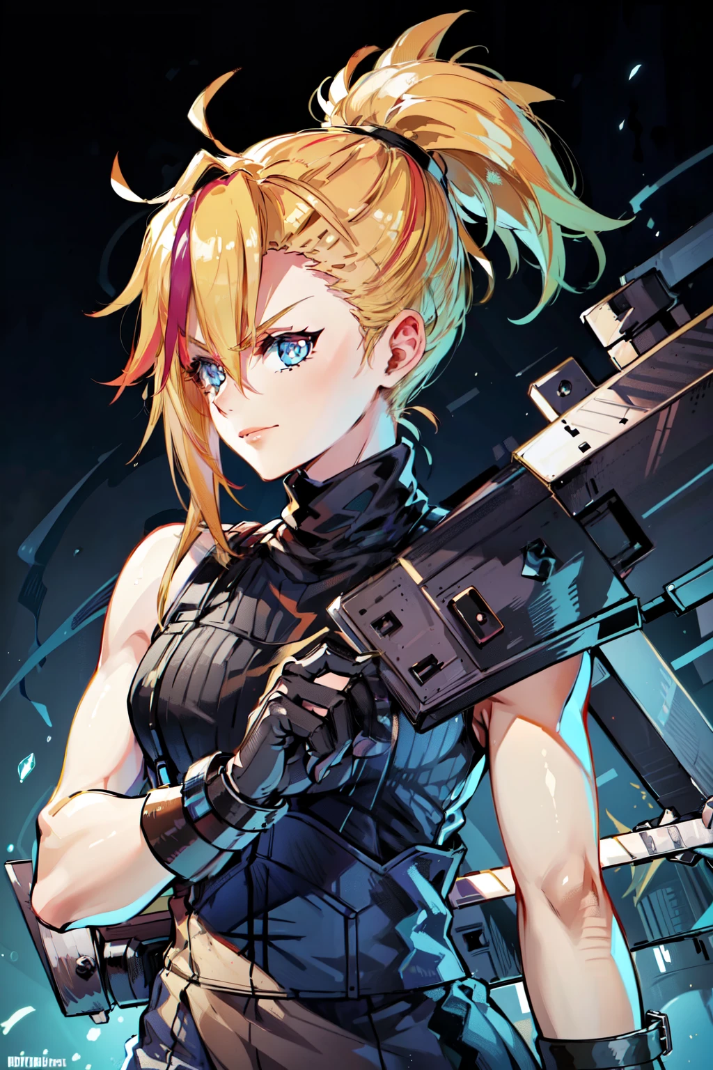 (masterpiece, best quality:1.2), Blue glowing eyes, perfect face, highres, 1 girl, solo, ultra long ponytail, (female:1.5), strife, blonde hair, shoulder armor, sleeveless turtleneck, suspenders, belt, gloves, bracer, evil smile, standing, portrait, looking at viewer, giant sword on the back