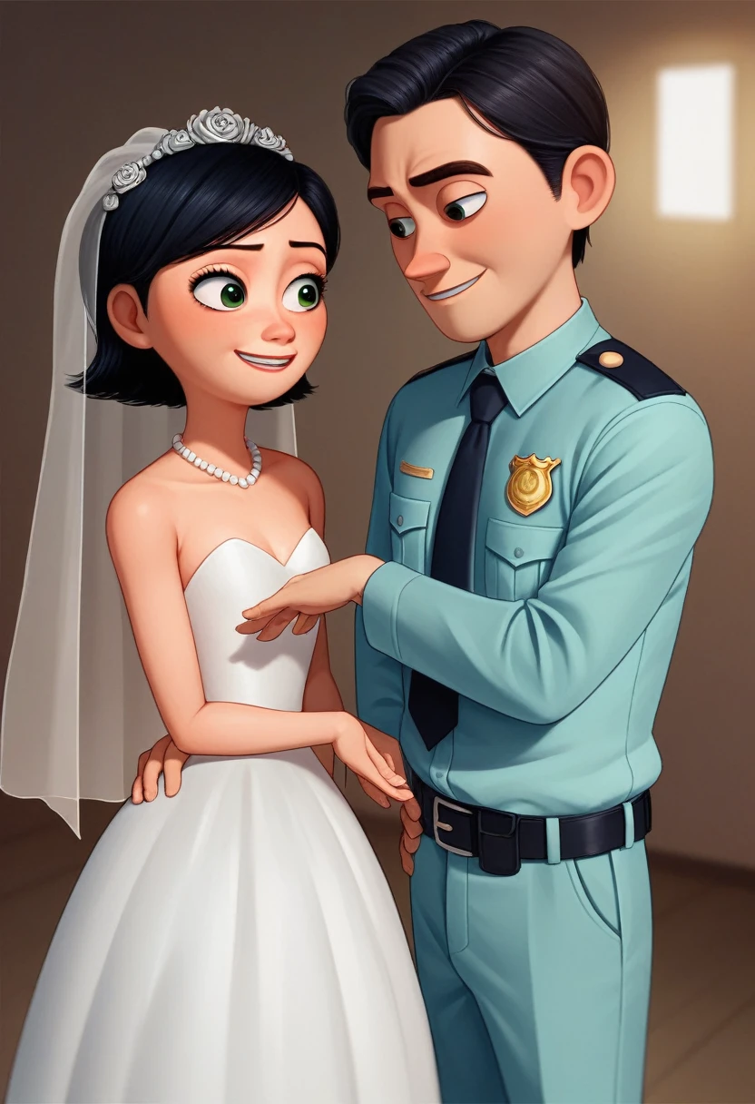 young couple: woman with black hair, japanese, smiling, in a wedding dress and a man with brown short hair, green eyes, wearing a white police uniform without belt, smiling, pixar style, 3d, cartoon