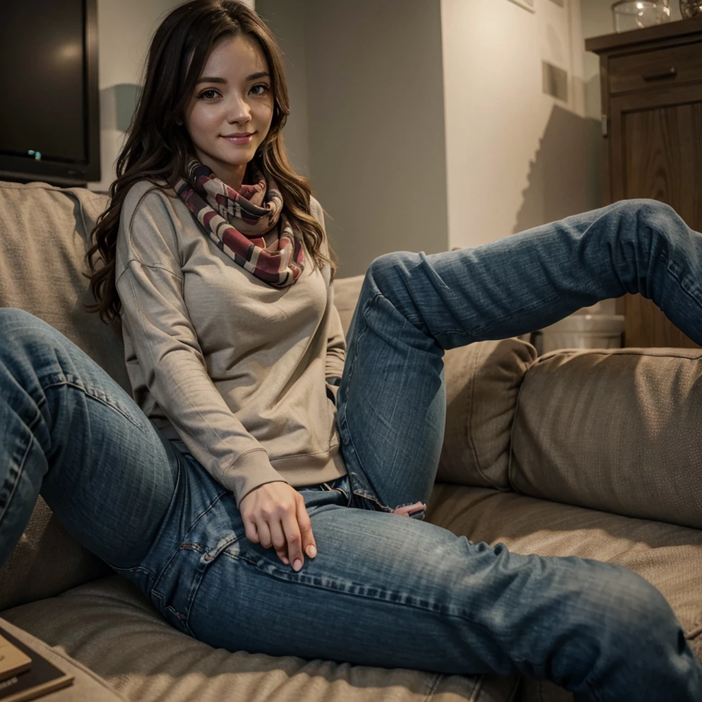 Bell, anime, brown hair, medium breasts, brown eyes, light smile, jeans, scarf, gray sweatshirt, blue pants, sitting, cross-legged, inside a smart home, sitting on the couch, Asada Shino's face, anime Sword Art Online, best quality
