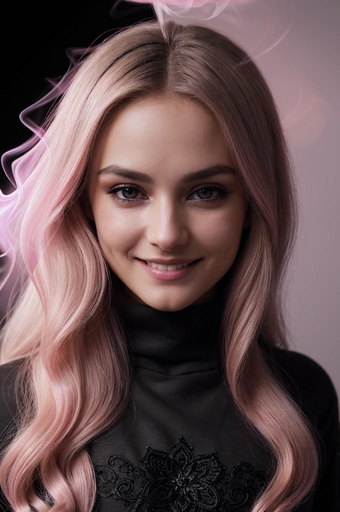DV_Smorrebrod_Vicious ((Black Theme, Black backdrop:1.4)) (Close-Up Shot, headshot:1.4) (Long Blonde Hair :1.4)wearing (Black sweatshirt :1.4) 35mm, F/2.8 ((Photo Focus, DOF, Aperture, insanely detailed and intricate, character, hypermaximalist, elegant, ornate, beautiful, exotic, revealing, appealing, attractive, amative, hyper realistic, super detailed, heresy flares)) (smiling at viewer:1.3)(volumetric pink smoke:1.3) (pink lens flare:1.harpness:1.3)(details:1.3)