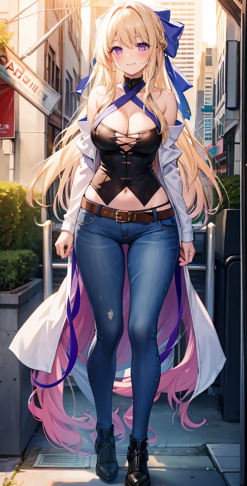 girl,Large Breasts,long hair,Topless,Bow,Blonde hair, Purple Eyes, Long hair, Large Breasts, belt, Short jeans pants,, permanent, Looking at the audience, city road, outdoor, Cleavage, blush, Shy, Smile, Show your teeth, Sexy pose, shorts, jacket, Bare shoulders.