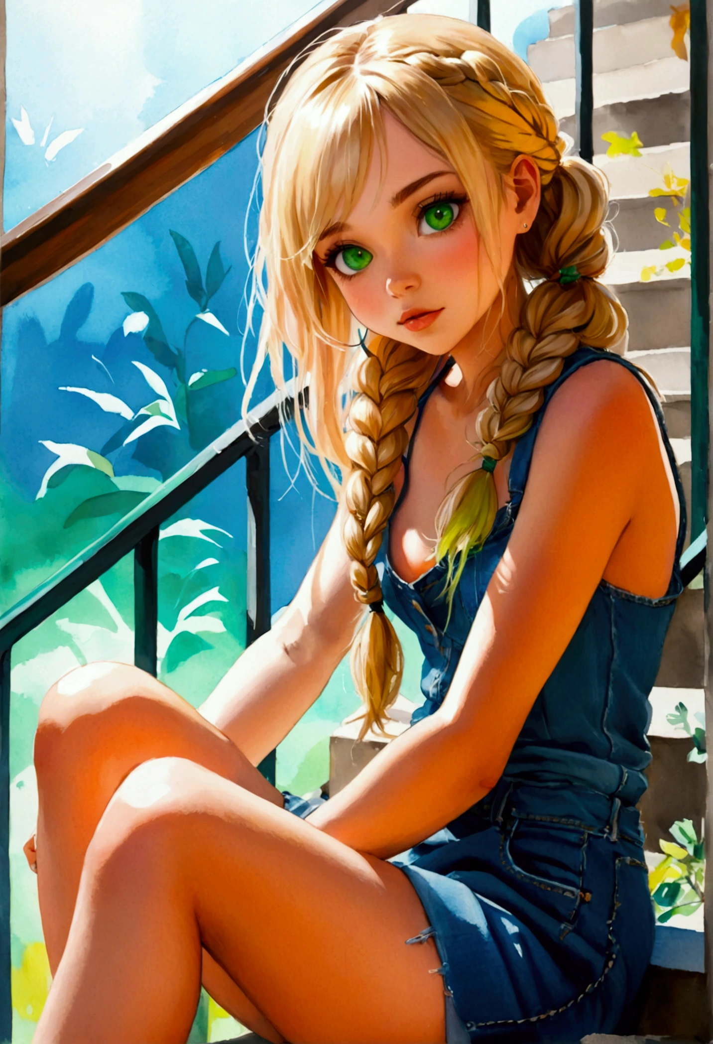 watercolor drawing, a beautiful with blonde hair and green eyes, She wears denim dress, she wears braids in her hair, she is sitting on a stair railing, legs open, she seems to be having fun showing her panties