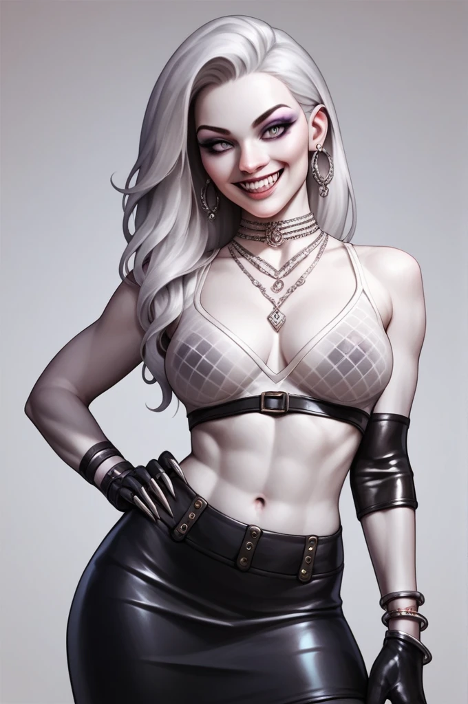 Woman, smiling, full sharp, detailed face, realistic eyes,big silver chandelier earrings, makeup,white skin,sharp jawline ,big earrings,see through crop top,leather skirt,hand gloves,underwear, bracelet, bangles, delicate necklace