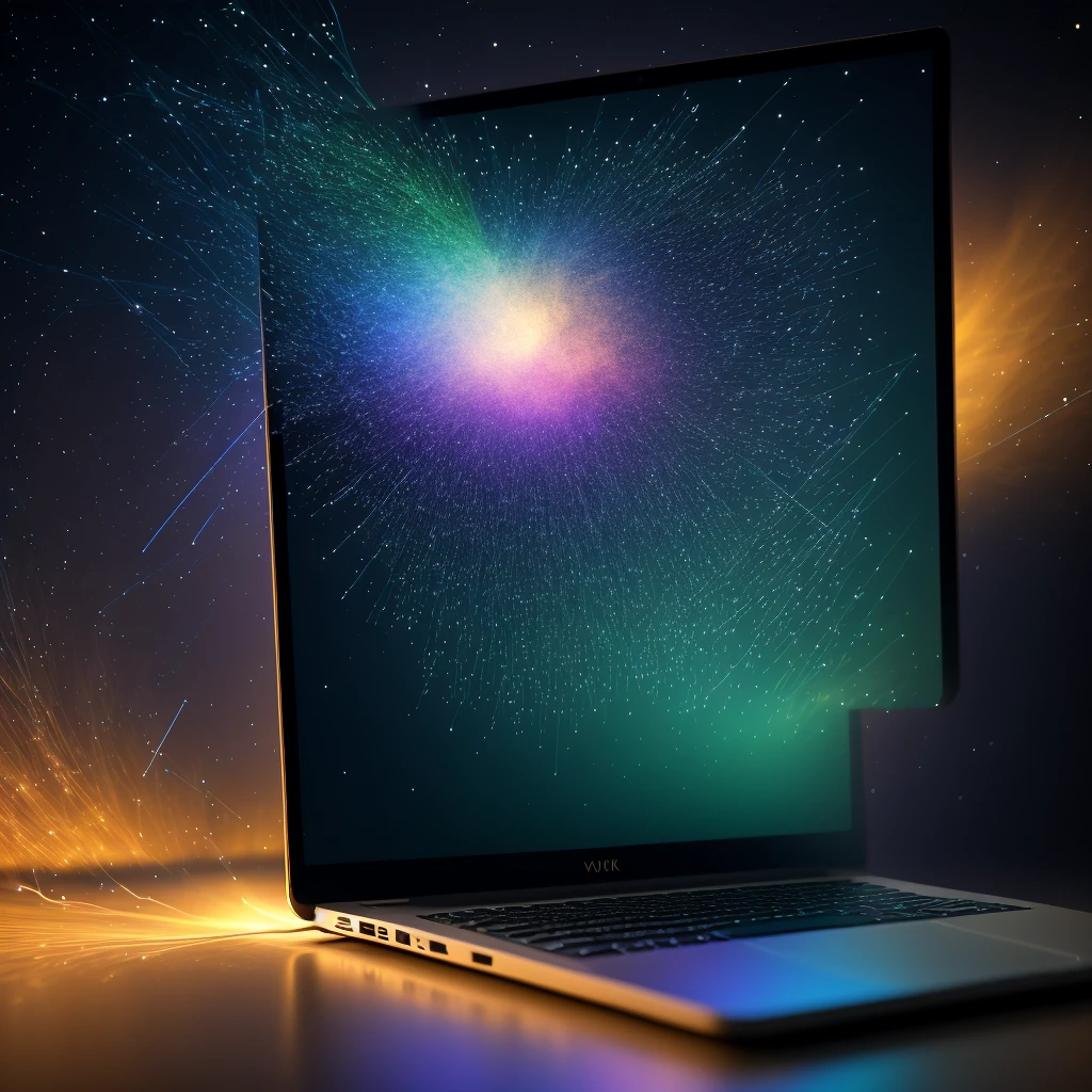 (RAW Photo, Best Quality), (Realistic, Photo Realistic: 1.3), Best Quality, Highly Detailed, Masterpiece, Ultra Detailed, Dynamic Angle, Extremely Detailed CG Unified 8k Wallpaper, Ink, Amazing, World Mastery Theater, Best Quality, Amazing, Movie Lights, lens_flare, Deliberate expression: 1.5, hi-res screenshot, nice studio lighting, vhs screenshot, (best quality, 4k, 8k, highres, masterpiece: 1.2), (realistic, photorealistic, photo-realistic: 1.37), HDR, UHD, studio lighting, ultra-fine painting, sharp focus, physically-based rendering, extreme detail description, professional, vivid colors, bokeh,

A highly detailed and photorealistic illustration representing the concept of the Internet. A sleek, modern laptop is positioned in the center of the image, with its screen brightly illuminated. From the laptop, streams of glowing blue particles and digital codes emanate, extending outward in various directions. These streams form intricate, interconnected networks that resemble data pathways. The particles and codes are depicted with a luminous, neon-blue color, symbolizing digital signals and data transmission. The background features a dark gradient, enhancing the vibrant glow of the blue elements. The overall atmosphere is dynamic and futuristic, capturing the essence of connectivity and digital communication in a visually stunning and abstract manner.
