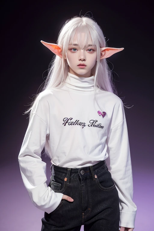 A 15-year-old male with short to medium length white hair, but long hair at the back, red bangs, albino skin, purple eyes with stellar pupils, elf ears and a long-sleeved black dress, black turtleneck shirt and jeans, a heart tattoo on the cheek