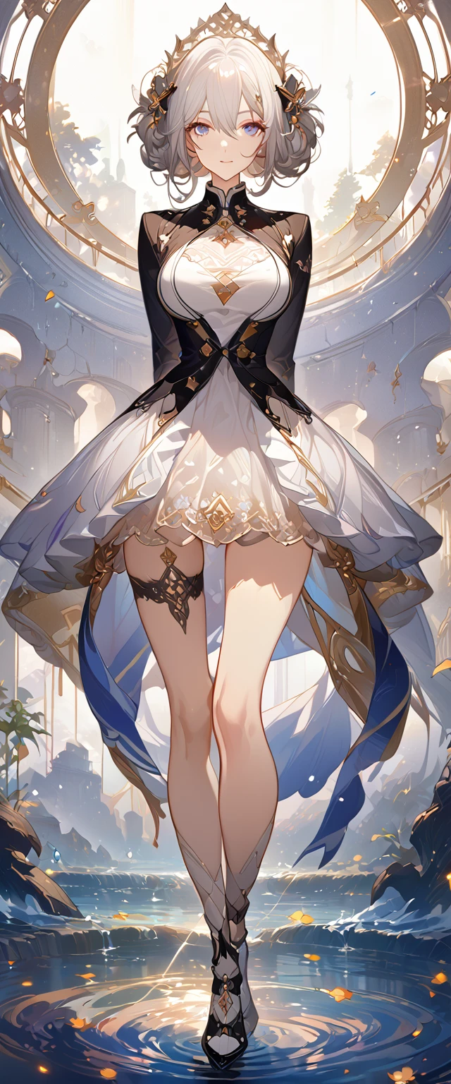 best quality ,masterpiece, illustration, an extremely delicate and beautiful, extremely detailed ,CG ,unity ,8k wallpaper, Amazing, finely detail, masterpiece, best quality, official art, extremely detailed CG unity 8k wallpaper, solo, thigh focus, (full body), arms behind back, white background, finely detailed face and eyes, extreme detail, detailed face, detailed hair, detailed clothes, high quality, slim body, big chest, water, masterpiece:1.3, focus:1.2, skirt, short skirt, transparent skirt, lace skirt, all kind of pose, big , hair ornament, meticulous clothes, inspired by Asukaziye artist : ask, art style : ask