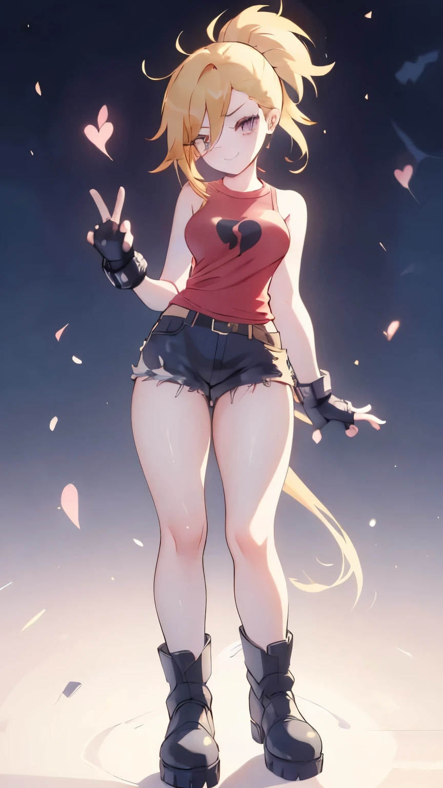 (best quality:1.2),solo,1girl,mdrin,smile,looking at viewer ,lovely pose, ponytail,v-shaped eyebrows,red shirt, fingerless gloves,black shorts , garden background, warm color tones,soft lighting, Hair over one eye, ultra long hair, standing on hooftop, long boots, long ponytail, blonde 