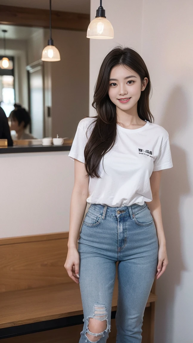 14:07:25 (RAW Photos:1.2),(Realistic),Beautiful detailed girl,Very detailed eyes and face, 
Beautiful attention to detail,Large file size,High resolution,Very detailed,Highest quality,
 [masterpiece:1.6],figure,Very detailed,The finer details,Highest quality,32K Wallpapers,Intricate details,
One girl,Beautiful Japanese Women,Light brown hair,Transparent muscle,Tight waist,Thin type,Mid-chest,BREAK,
A happy smile,See what you see,(Standing Upright),Trendy long hair,
BREAK,(Stylish cafe),BREAK,Open-chested,White T-shirt,jeans,