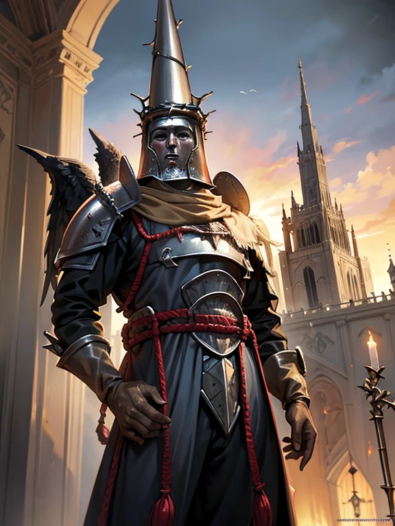 ((Blasphemous)), ((The penitent)), game character, a closeup of a man wearing a helmet and armor standing in front of a castle, anor londo, holy crusader medieval, guild war illustrations, holy crusader, Warhammer fantasy art, photo of a clergyman, undead knight, medieval fantasy game art, I see the Carpathians, Blasphemous, holy crusader medieval knight, holy crusader medieval