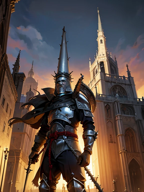 ((Blasphemous)), ((The penitent)), game character, a closeup of a man wearing a helmet and armor standing in front of a castle, anor londo, holy crusader medieval, guild war illustrations, holy crusader, Warhammer fantasy art, photo of a clergyman, undead knight, medieval fantasy game art, I see the Carpathians, Blasphemous, holy crusader medieval knight, holy crusader medieval