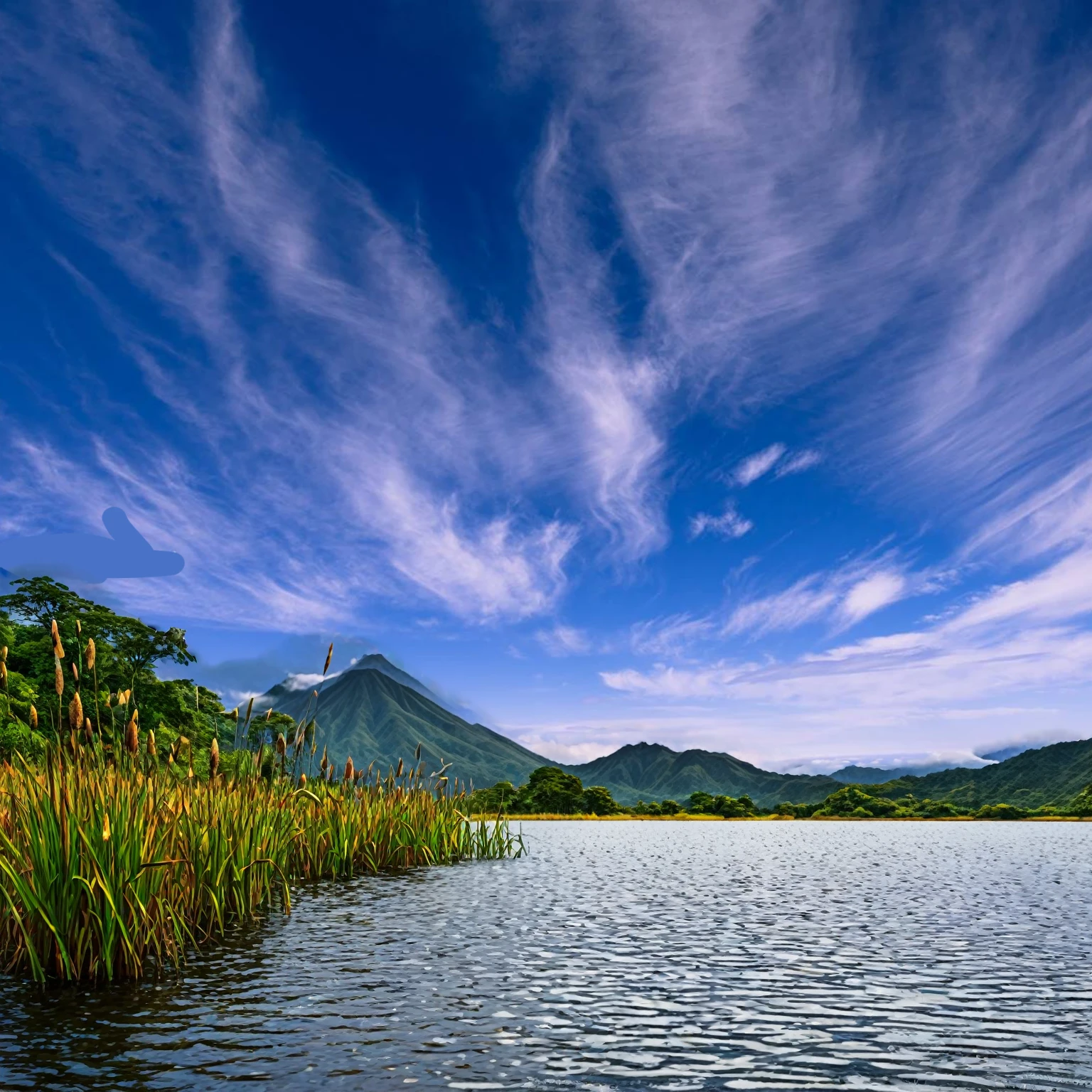 Summer sky,((Painterly style), Realistic, highly Realistic, Attention to detail, breathtakingly Realistic, High contrast realism, High Saturation Realism, Vibrant colors), (Lake in Costa Rica,Typha grows near water., Mountains visible in the distance々:1.3),(cloud:-1),Dramatic lighting, Fascinating landscape, Persuasive storytelling, Atmospheric scene, Captivating visuals, Intricate details, Strong emotions, Heavenly Beauty, A dreamlike world